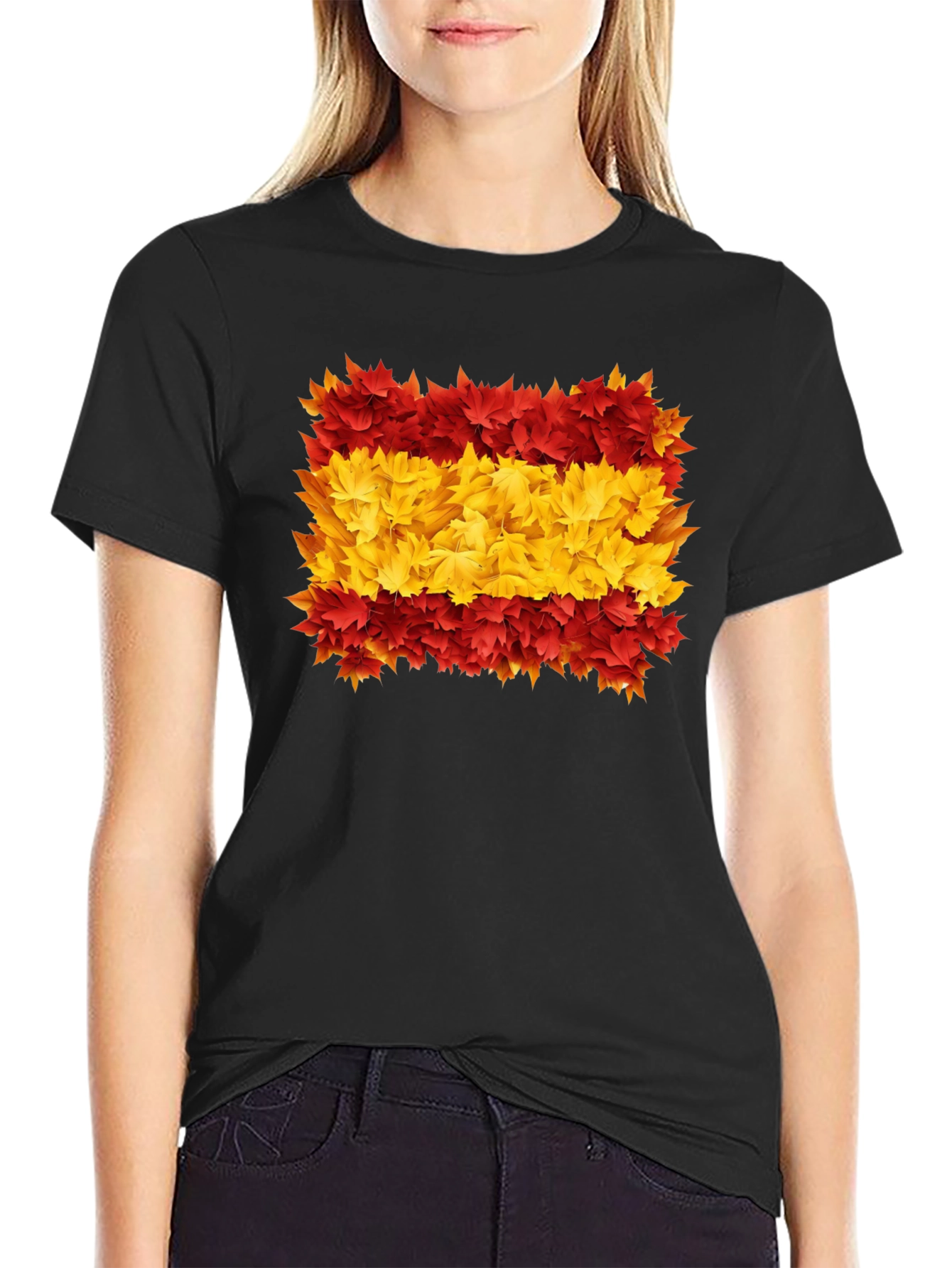 Black Spain Flag Leaves Men's Black T-Shirt view 2