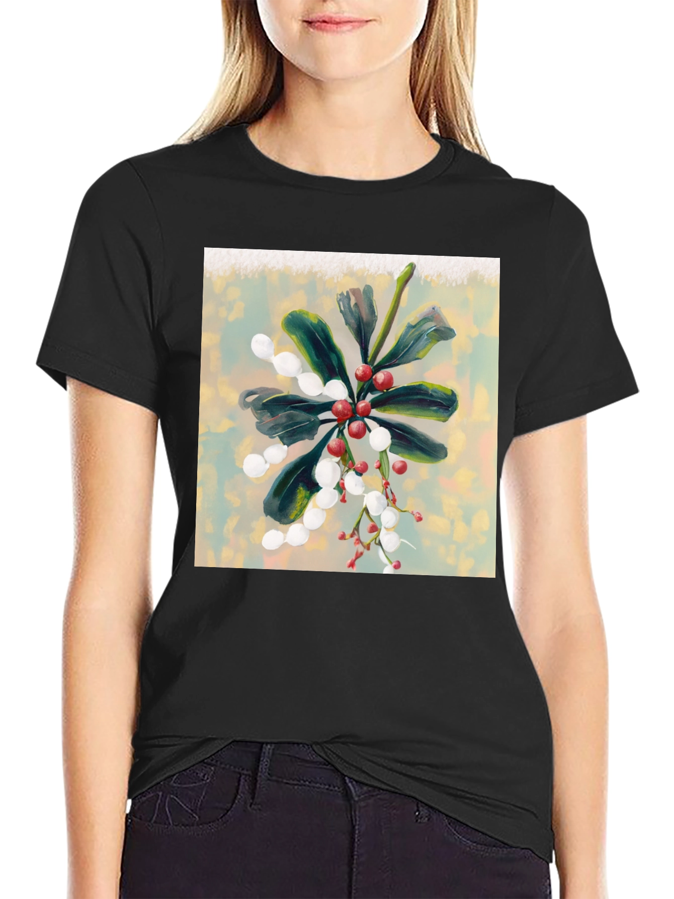 Black Botanical Berry Art Print Tee view 2