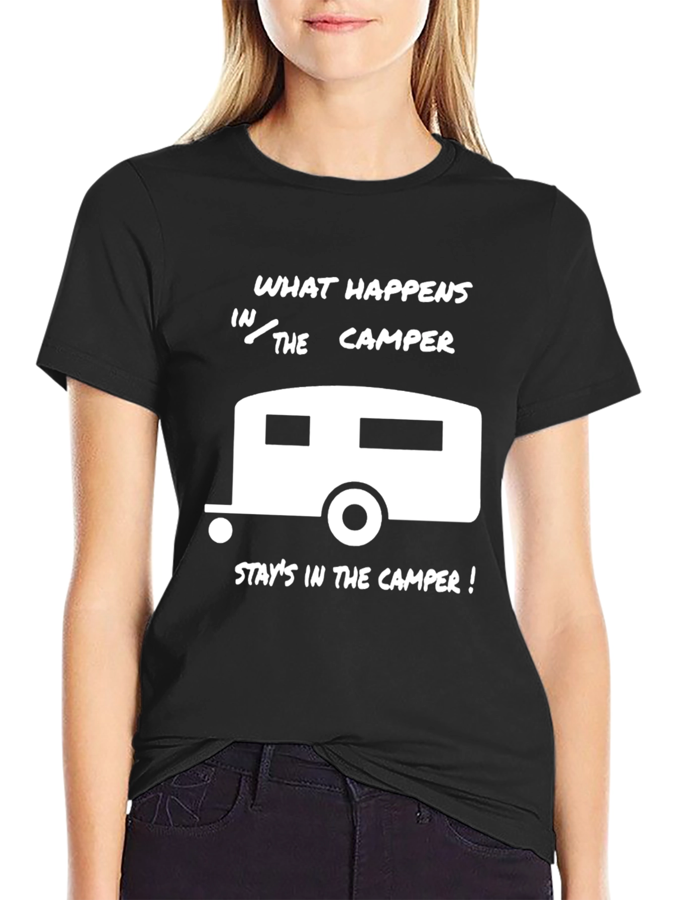 Black Camper Adventure T-Shirt - What Happens In The Camper Stays... view 2