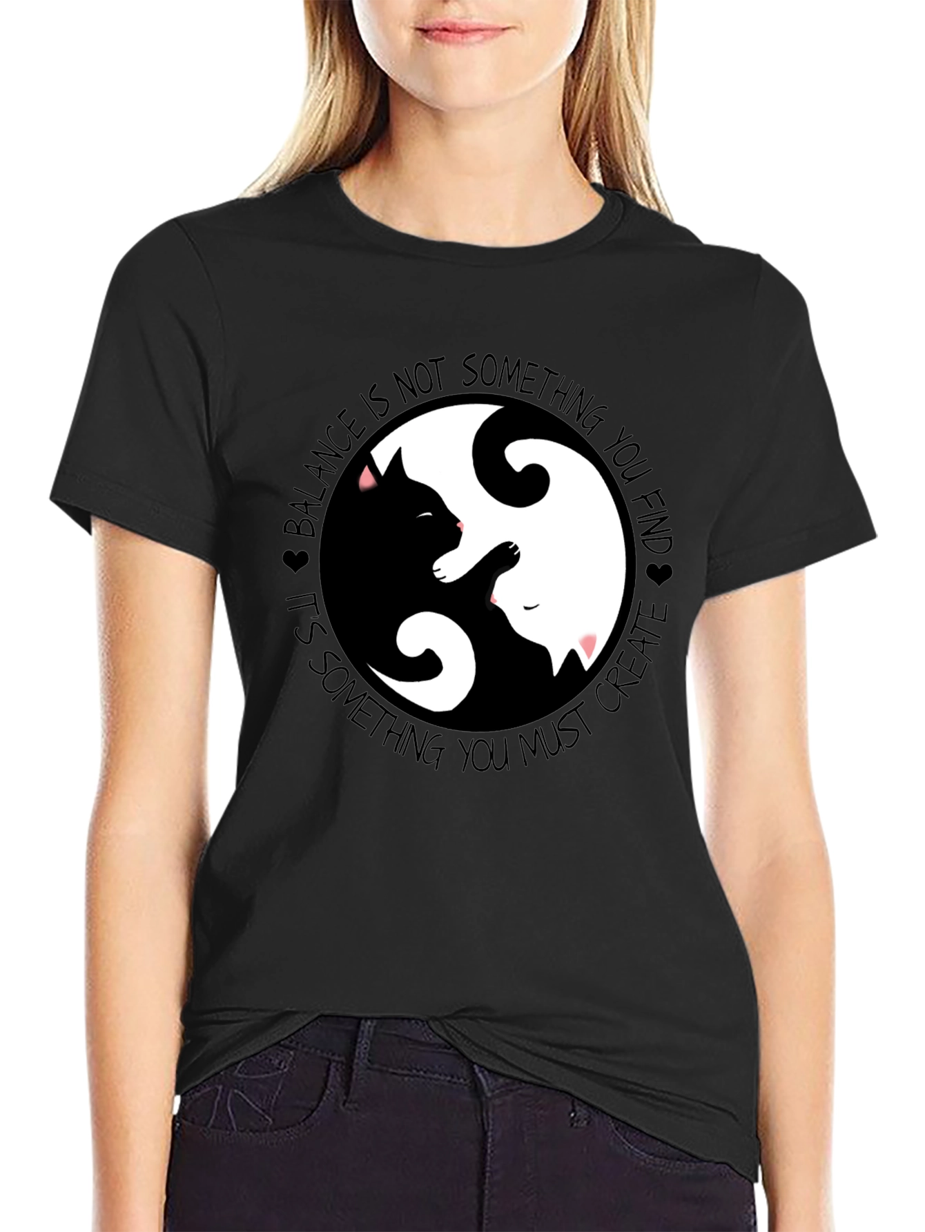 Black Yin Yang Cats Graphic T-Shirt Balance and Harmony view 2