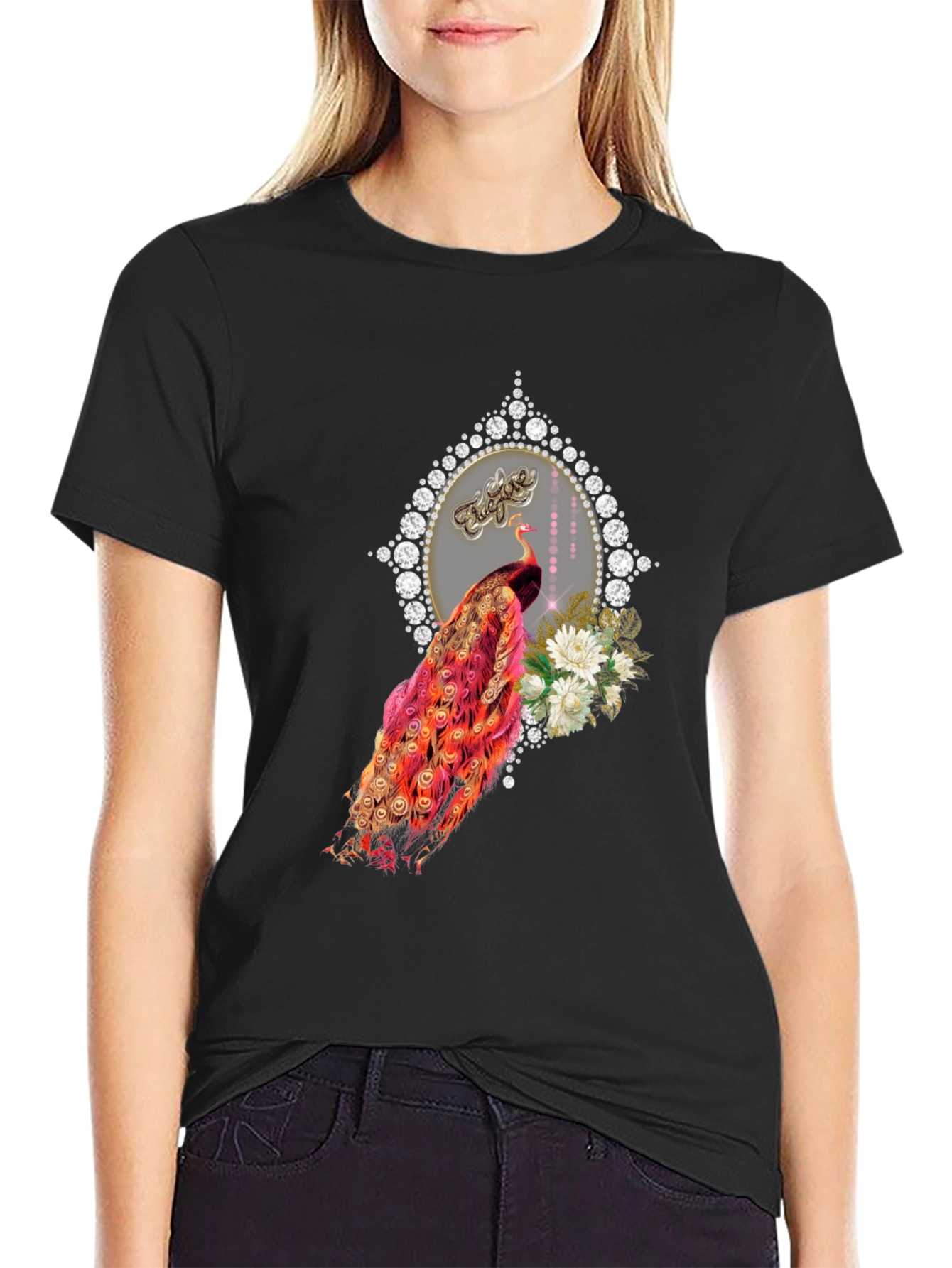 Elegant Peacock Graphic Tee - Diamond Frame - 2