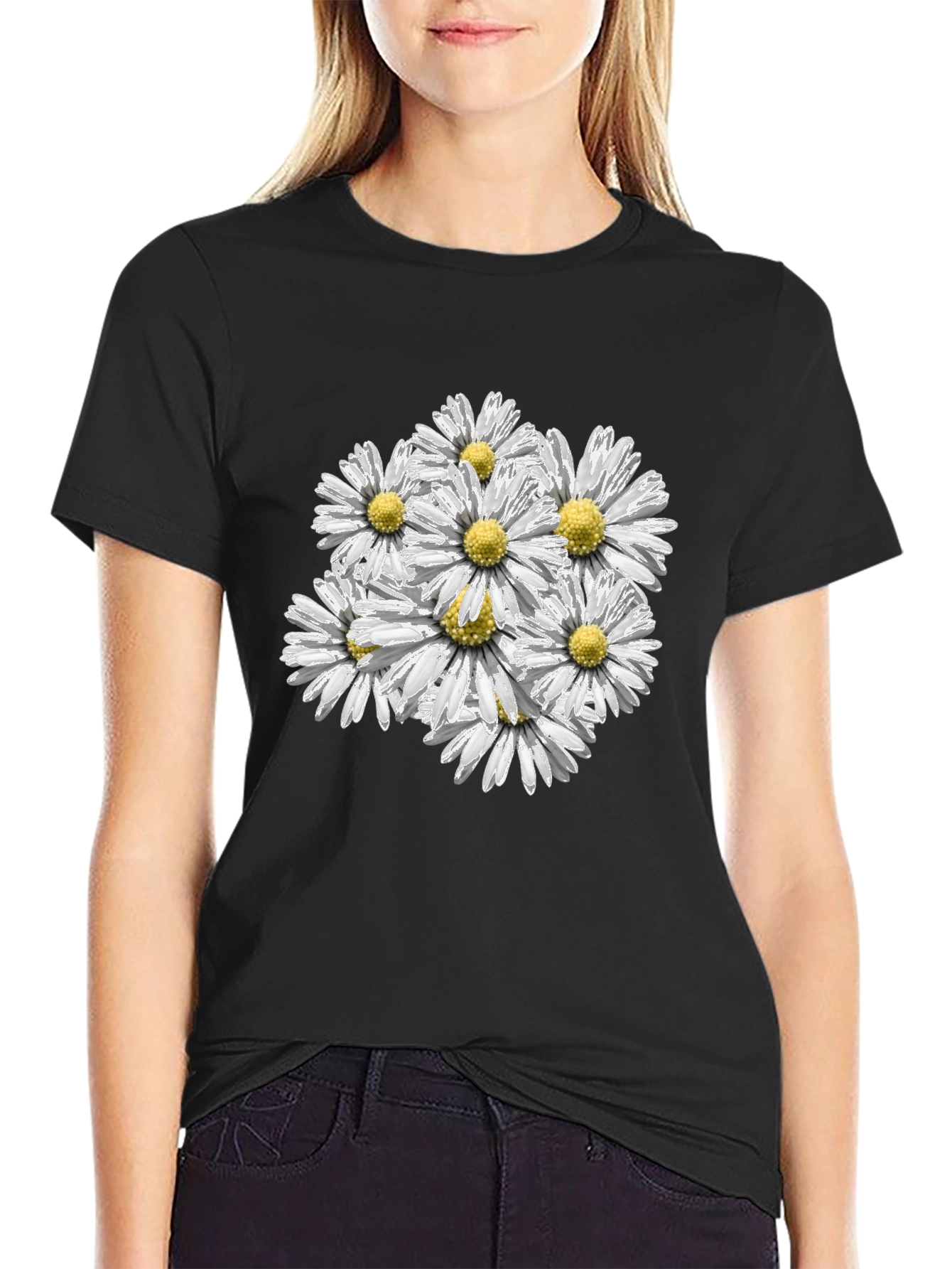 Black Daisy Bouquet Graphic Tee - Black Cotton Comfort view 2