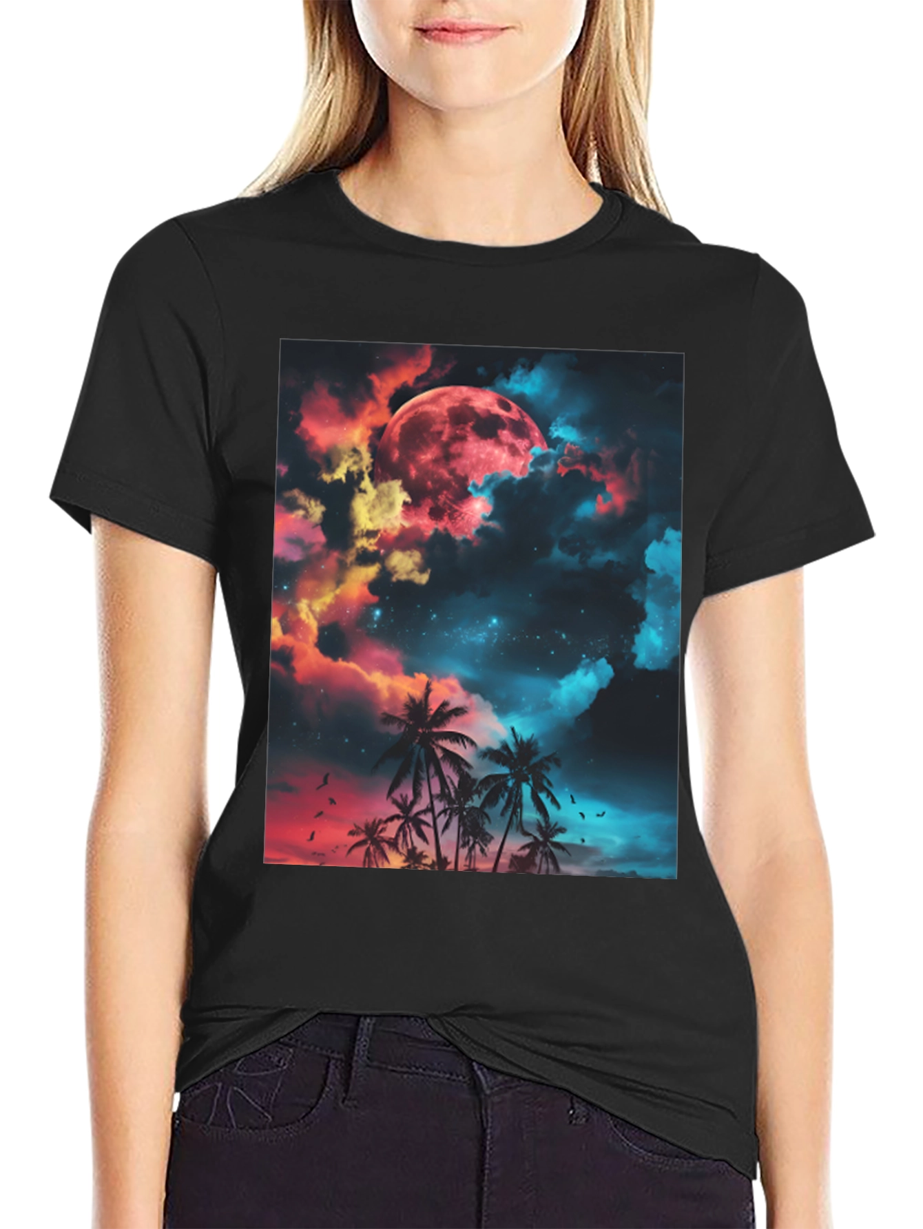Black Tropical Moon Graphic T-Shirt view 2