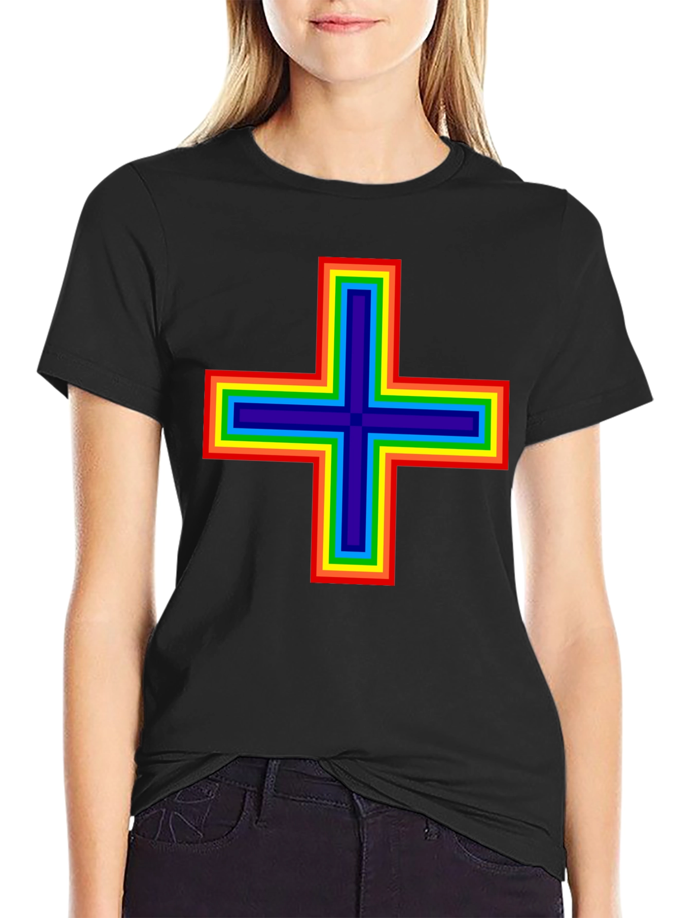 Black Rainbow Plus Sign Graphic T-Shirt - Black Cotton Blend Tee view 2