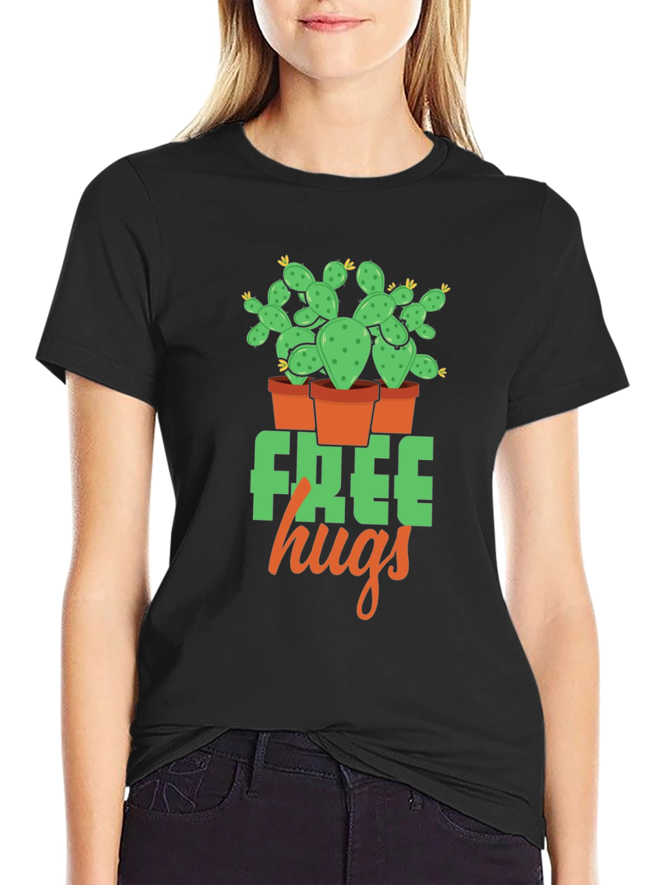 Black Free Hugs Cactus Graphic T-Shirt - Black view 2