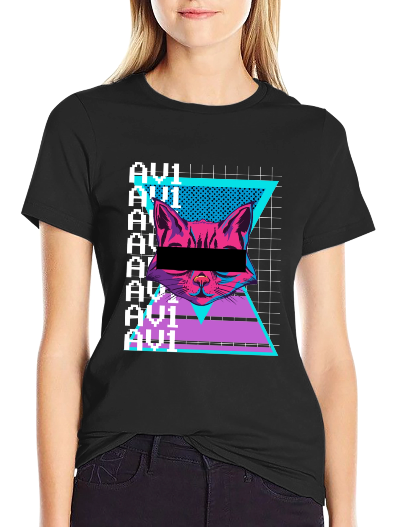 Black Cyberpunk Cat Graphic Tee - Retro Style view 2