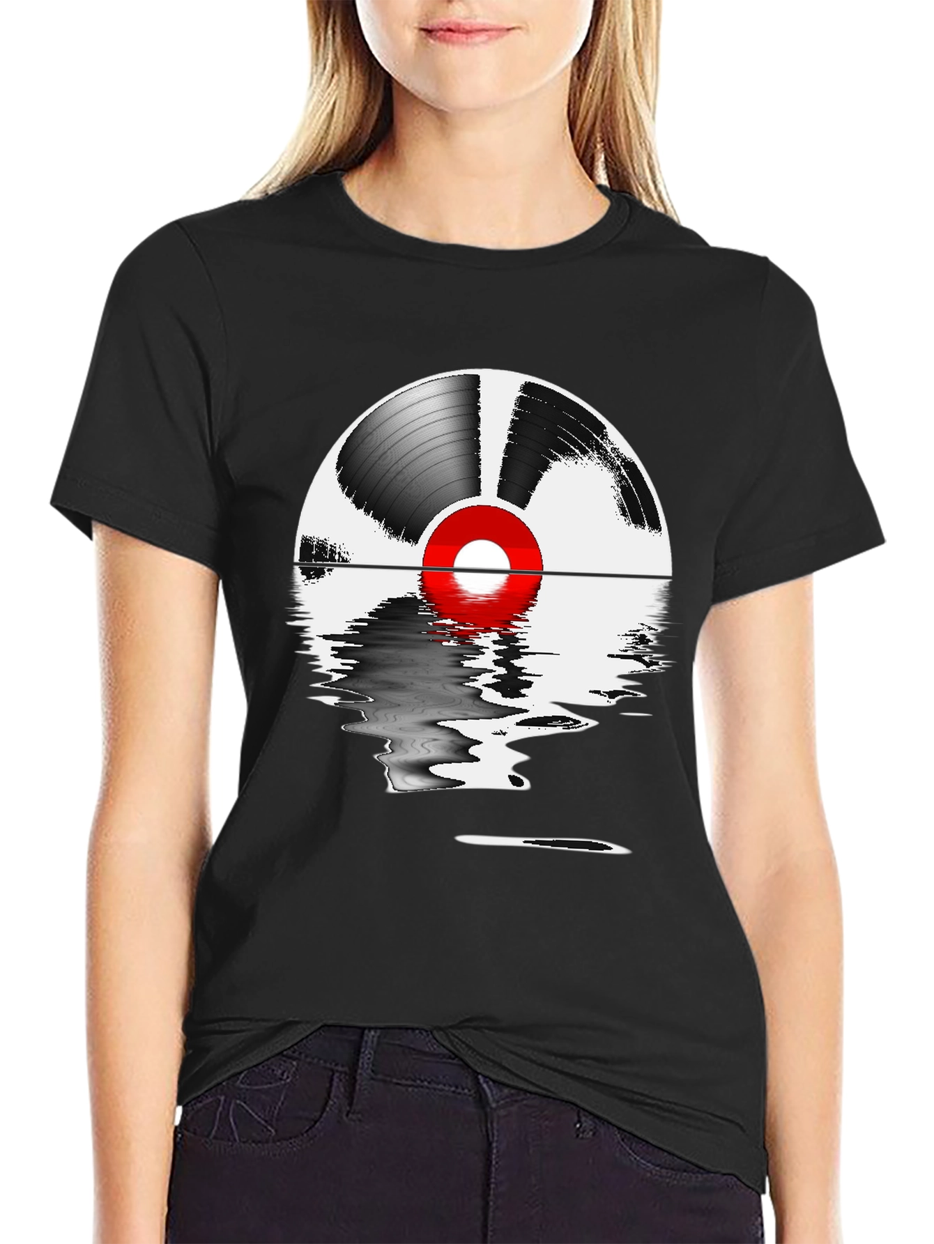Black Vinyl Record Reflection Graphic Tee view 2