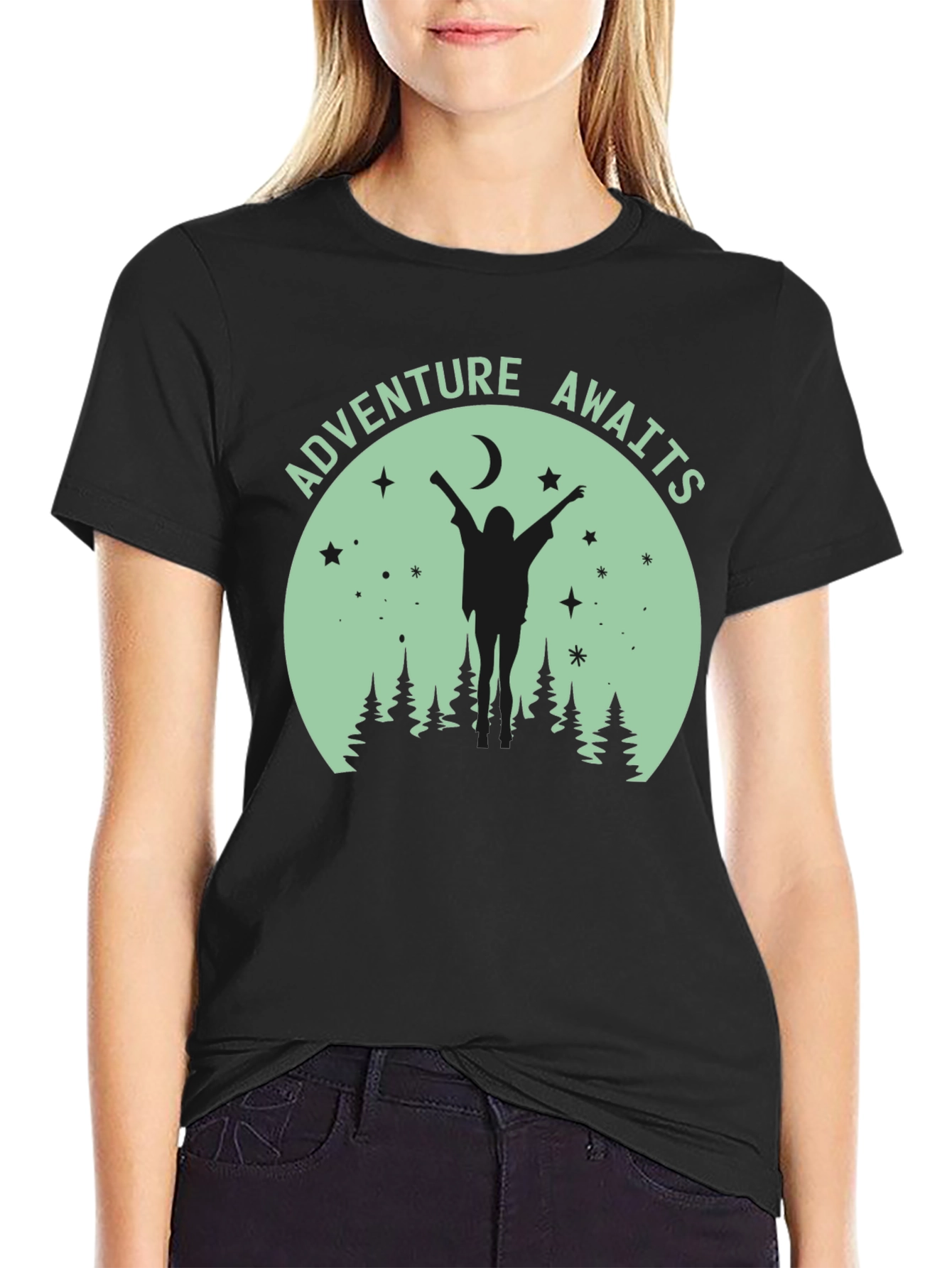Black Adventure Awaits Graphic Tee - Unisex Black T-Shirt view 2