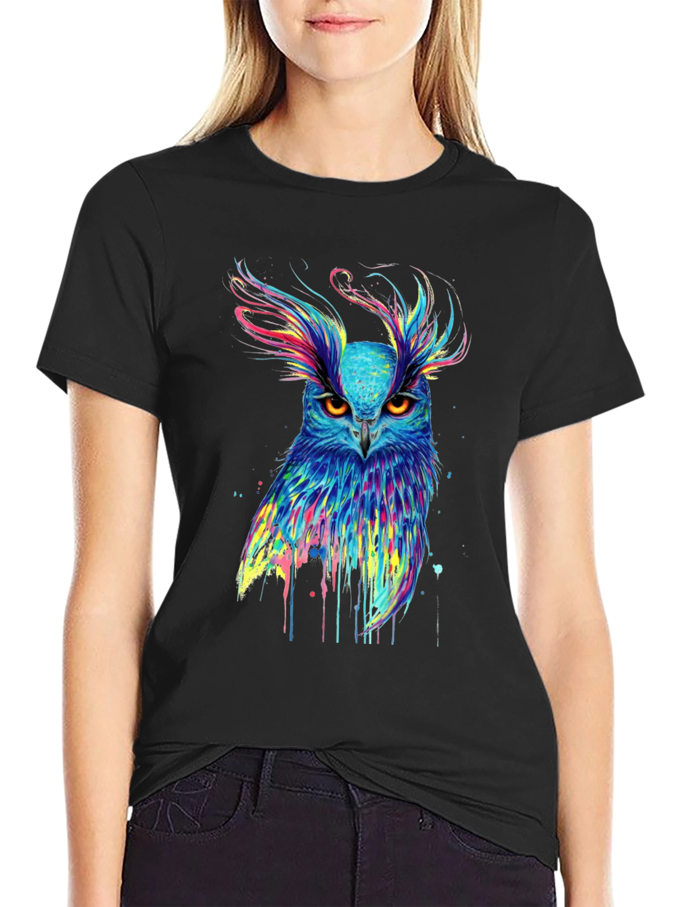 Black Colorful Owl Graphic Print Black T-Shirt view 2