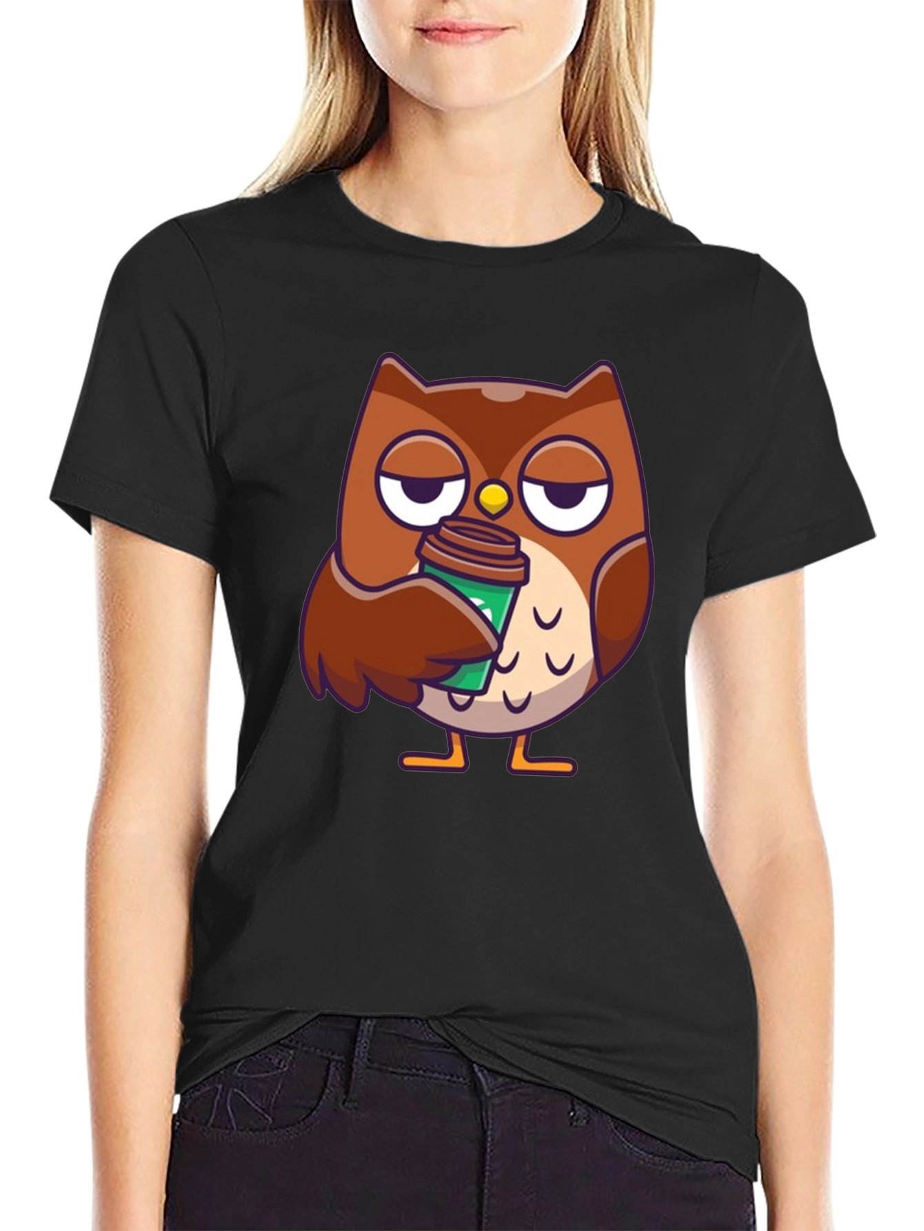 Black Sleepy Owl Coffee T-Shirt - Black Cotton Graphic Tee view 2