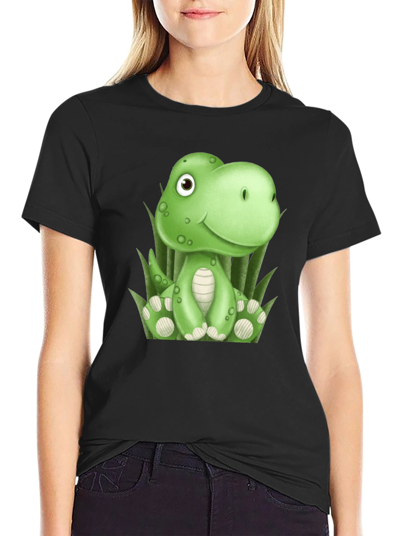 Black Cute Cartoon Dinosaur Black T-Shirt view 2