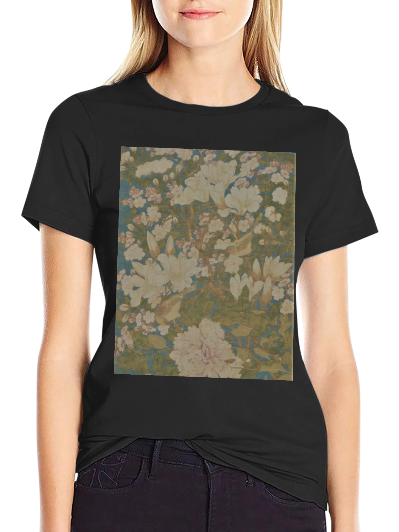 Black Floral Print Tee - Black Cotton Casual Wear view 2