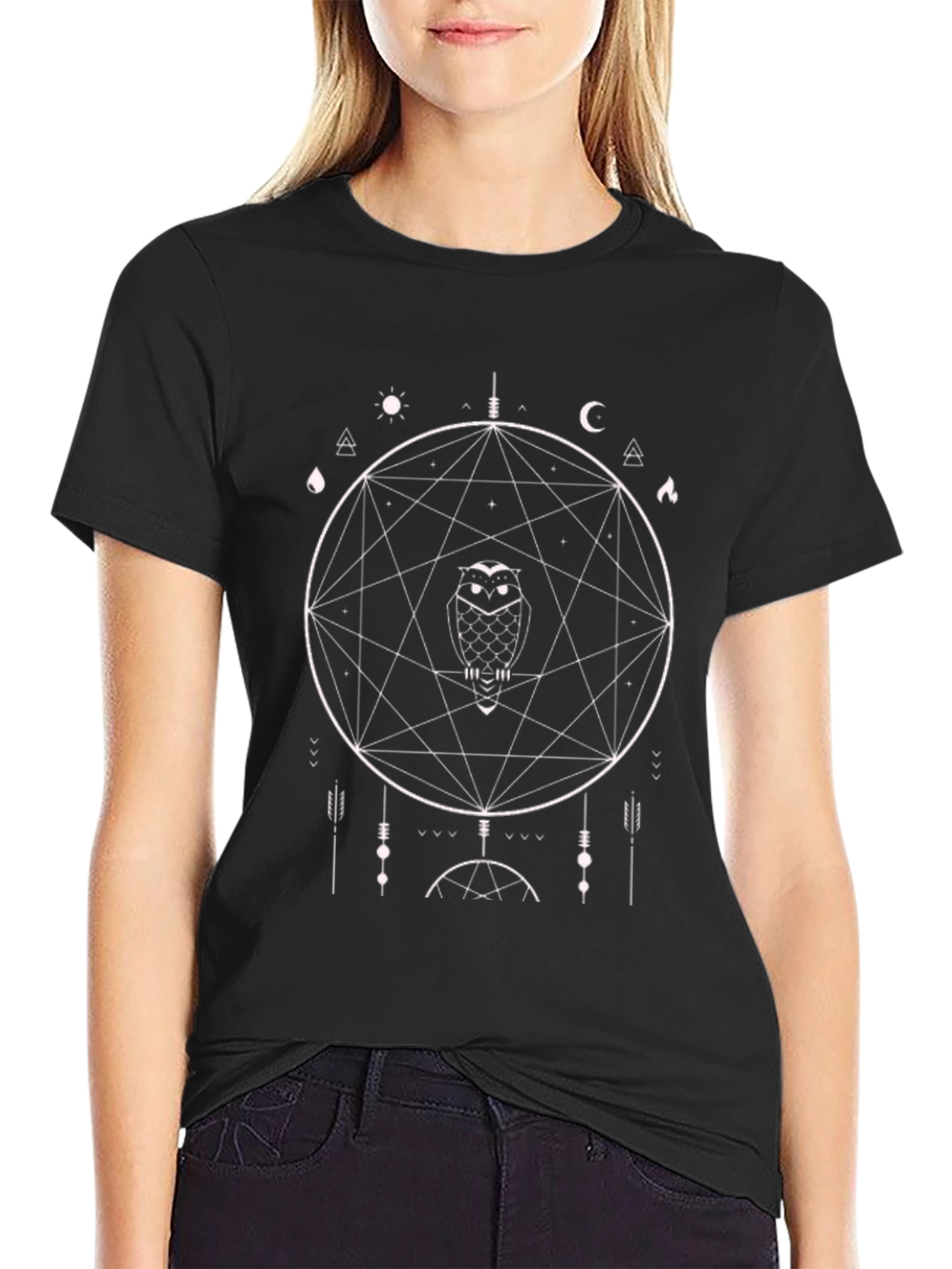 Black Geometric Owl T-Shirt - Occult Design view 2