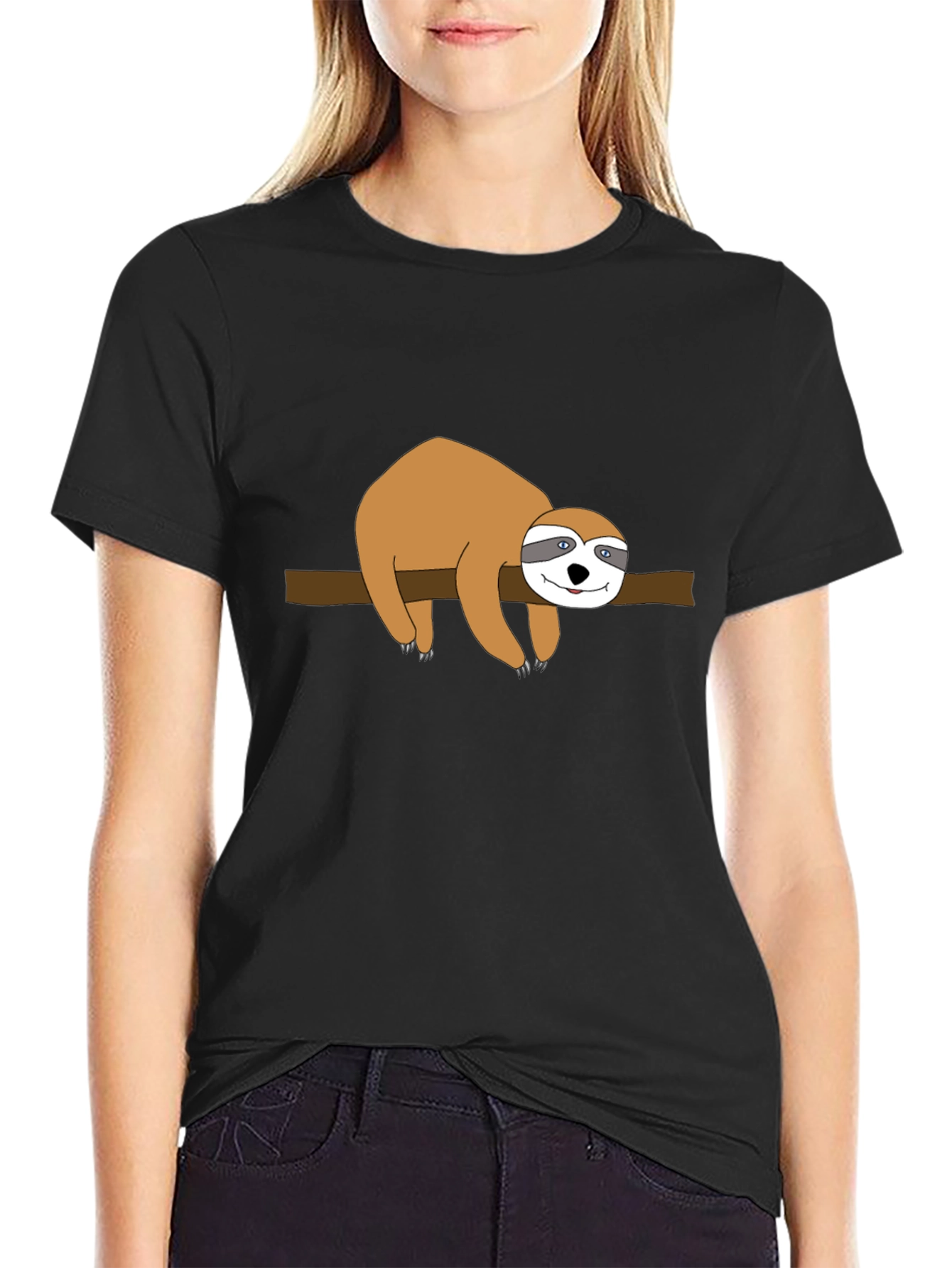 Black Sloth on Branch Graphic Tee - Black Cotton T-Shirt view 2