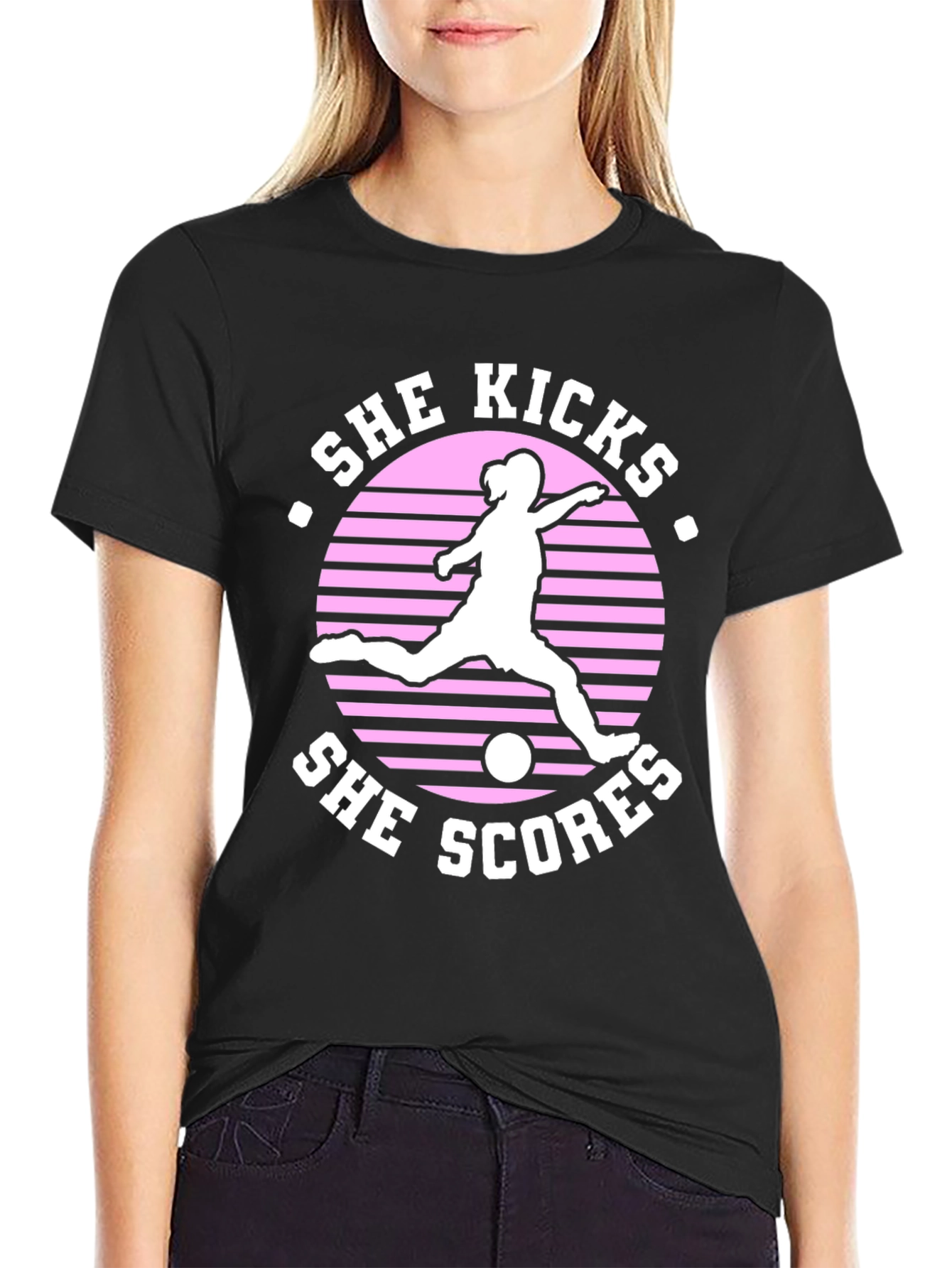 Black She Kicks She Scores Graphic T-Shirt view 2