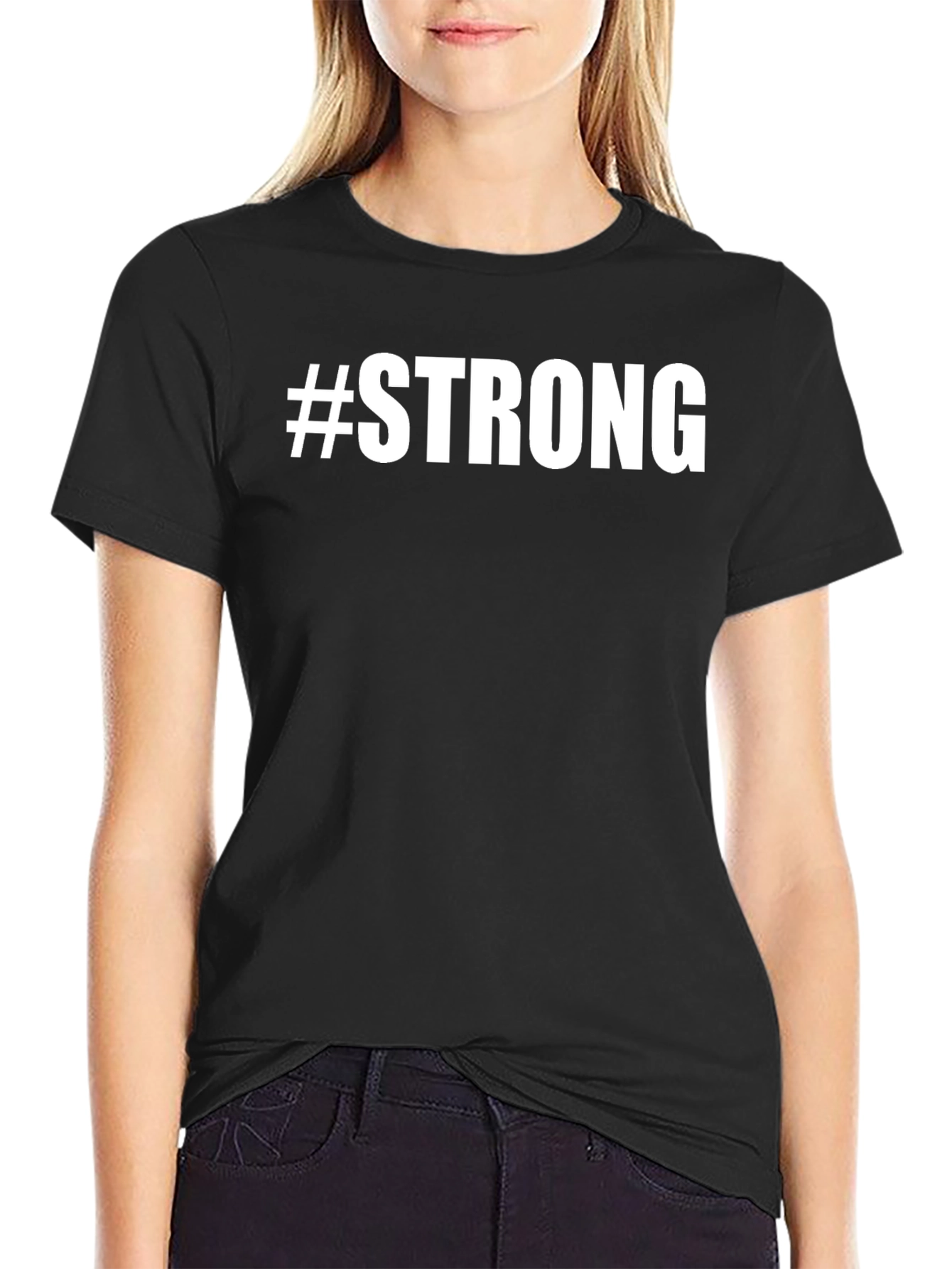 Black "#Strong" Graphic Print Crew Neck T-Shirt view 2