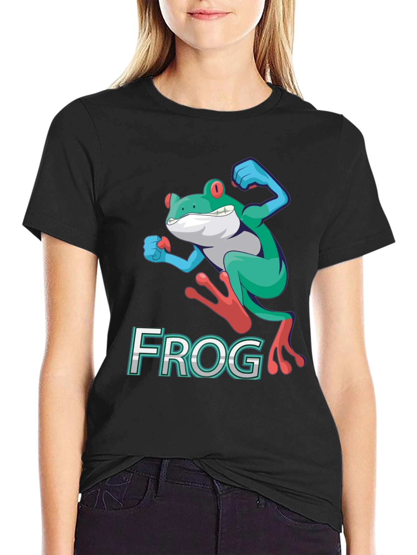 Black Funny Frog Graphic T-Shirt - Cartoon Leap Design view 2