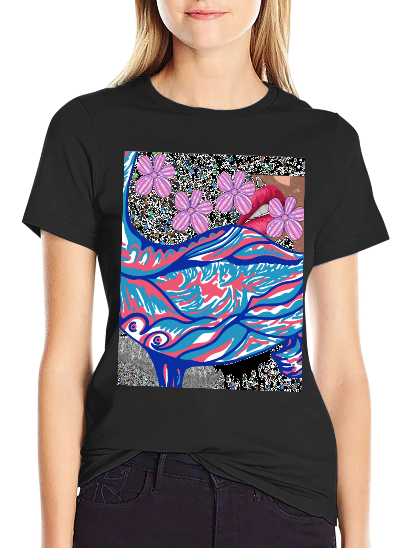 Black Abstract Floral Lips Graphic Tee - Men's Black T-Shirt view 2