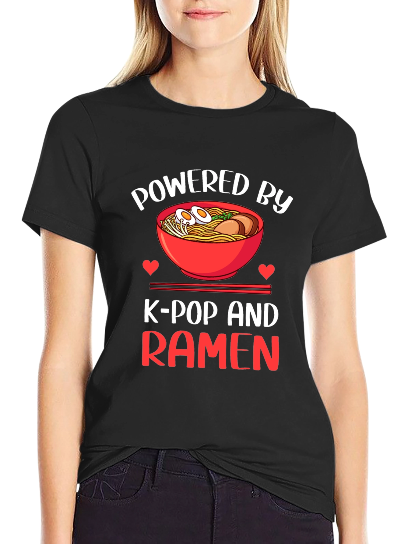 Black Powered by K-Pop and Ramen Graphic T-Shirt view 2