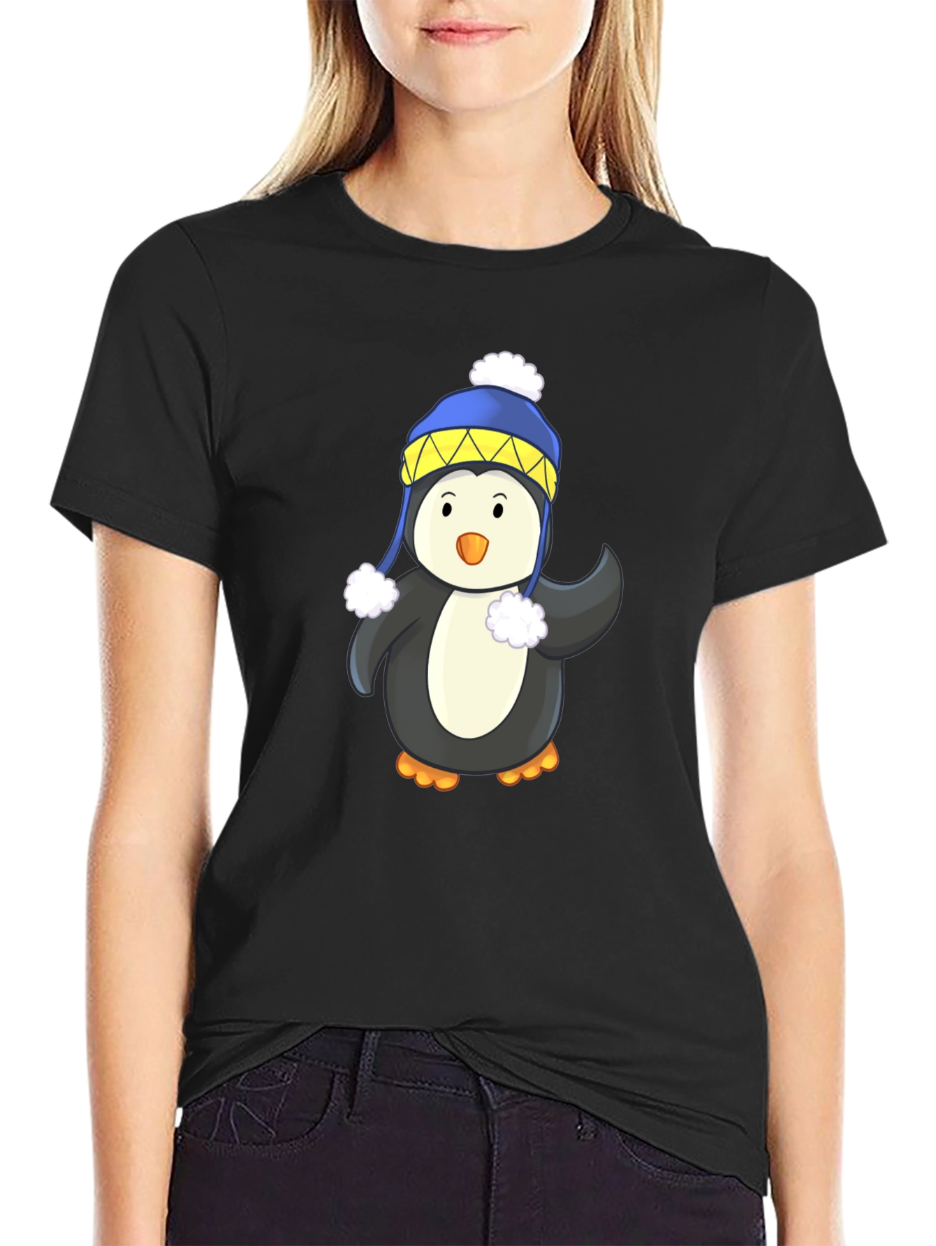 Black Penguin with Winter Hat Black T-Shirt view 2