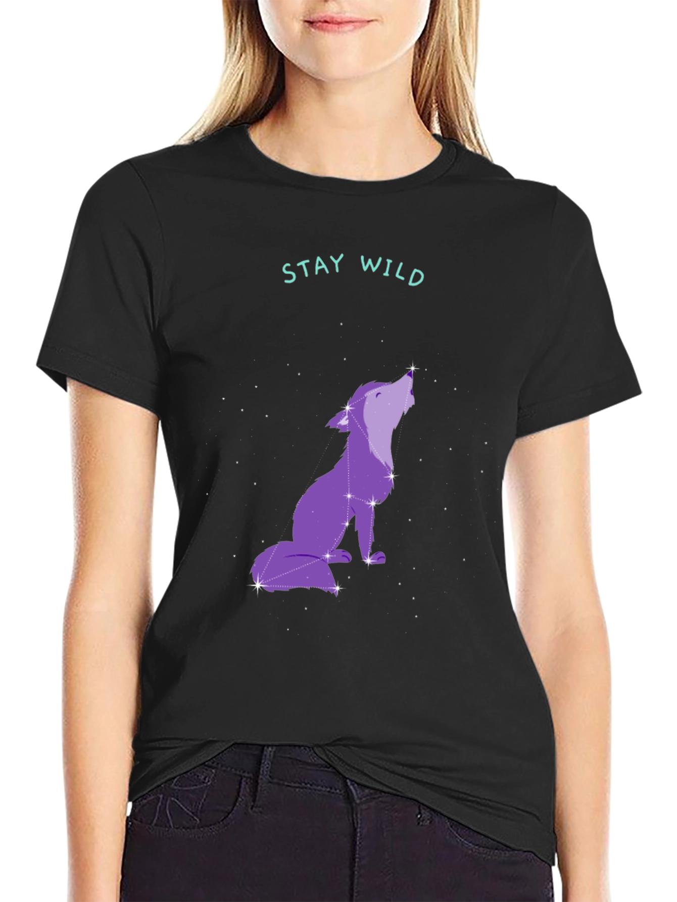 Black Stay Wild Wolf Constellation Graphic Tee - Black view 2