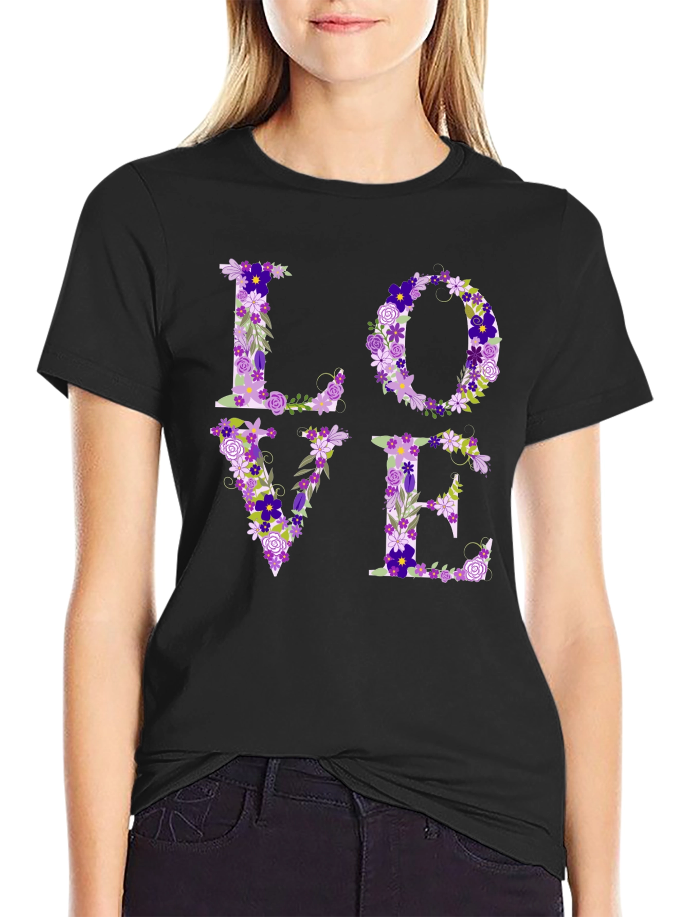 Black Floral LOVE Graphic Tee - Unisex Casual Shirt view 2