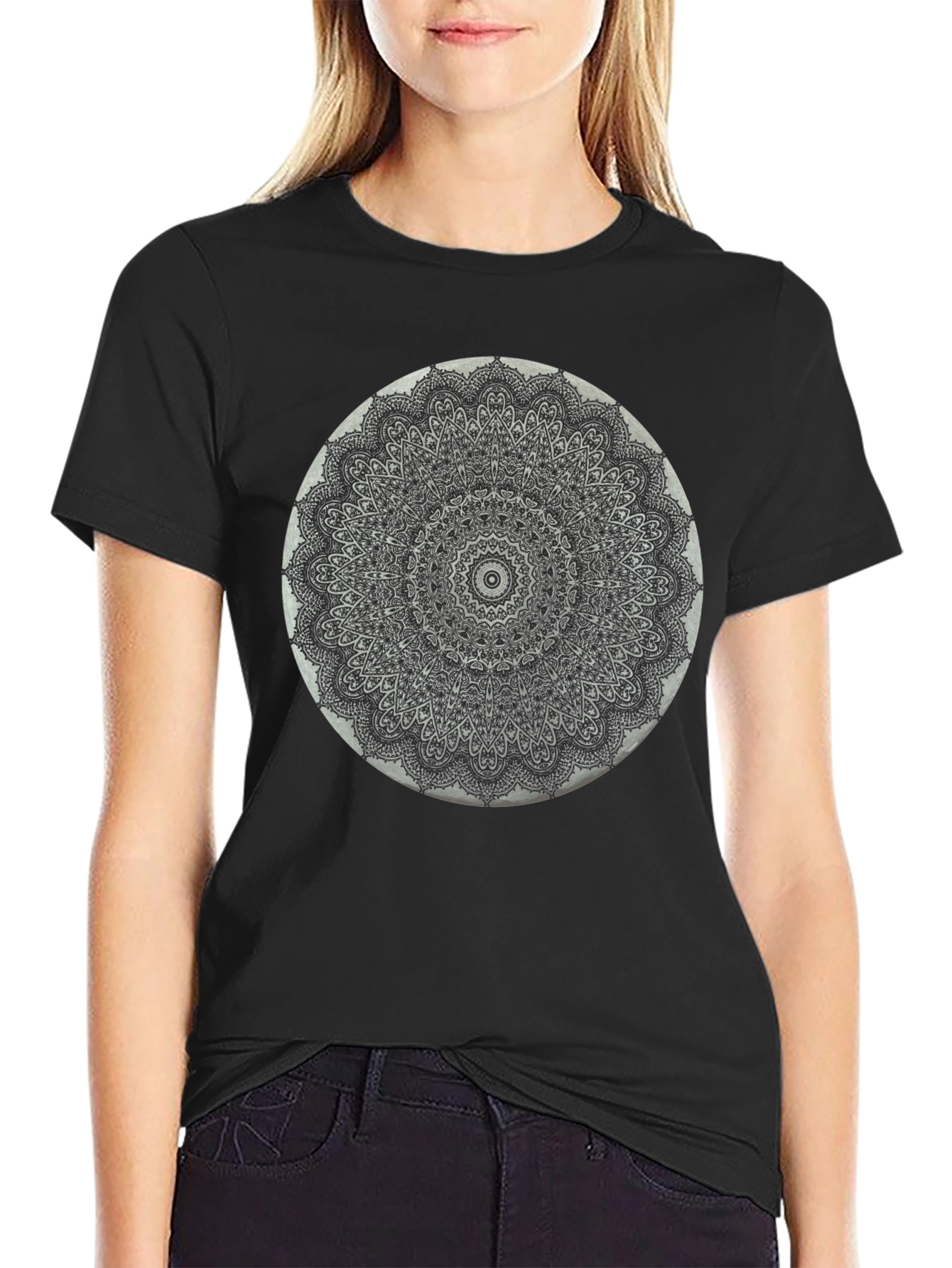 Black Black Mandala T-Shirt - Intricate Pattern Tee view 2