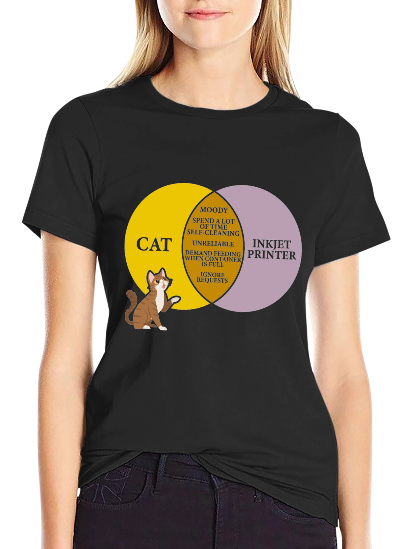 Black Cat vs Printer Venn Diagram T-Shirt view 2