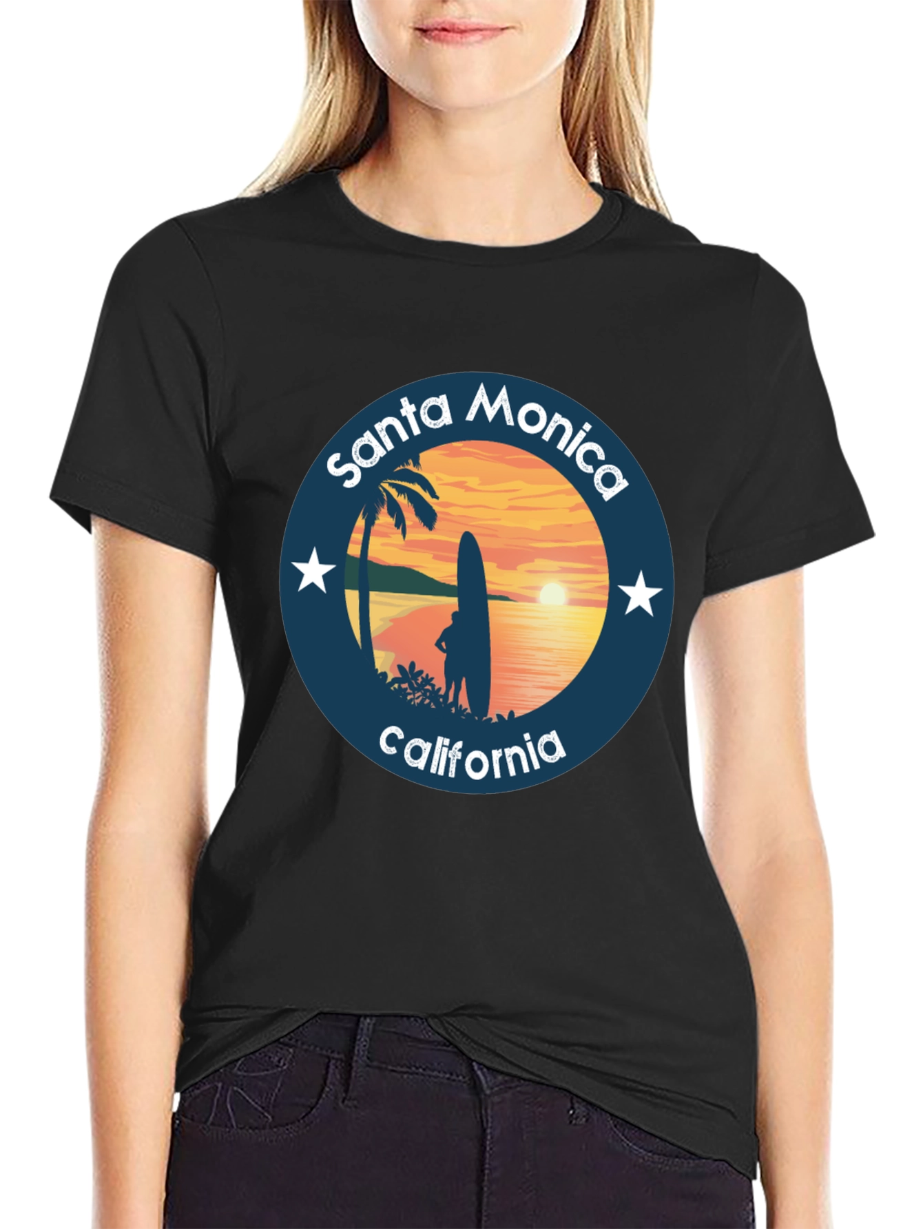 Black Santa Monica California T-Shirt Surfer Design view 2