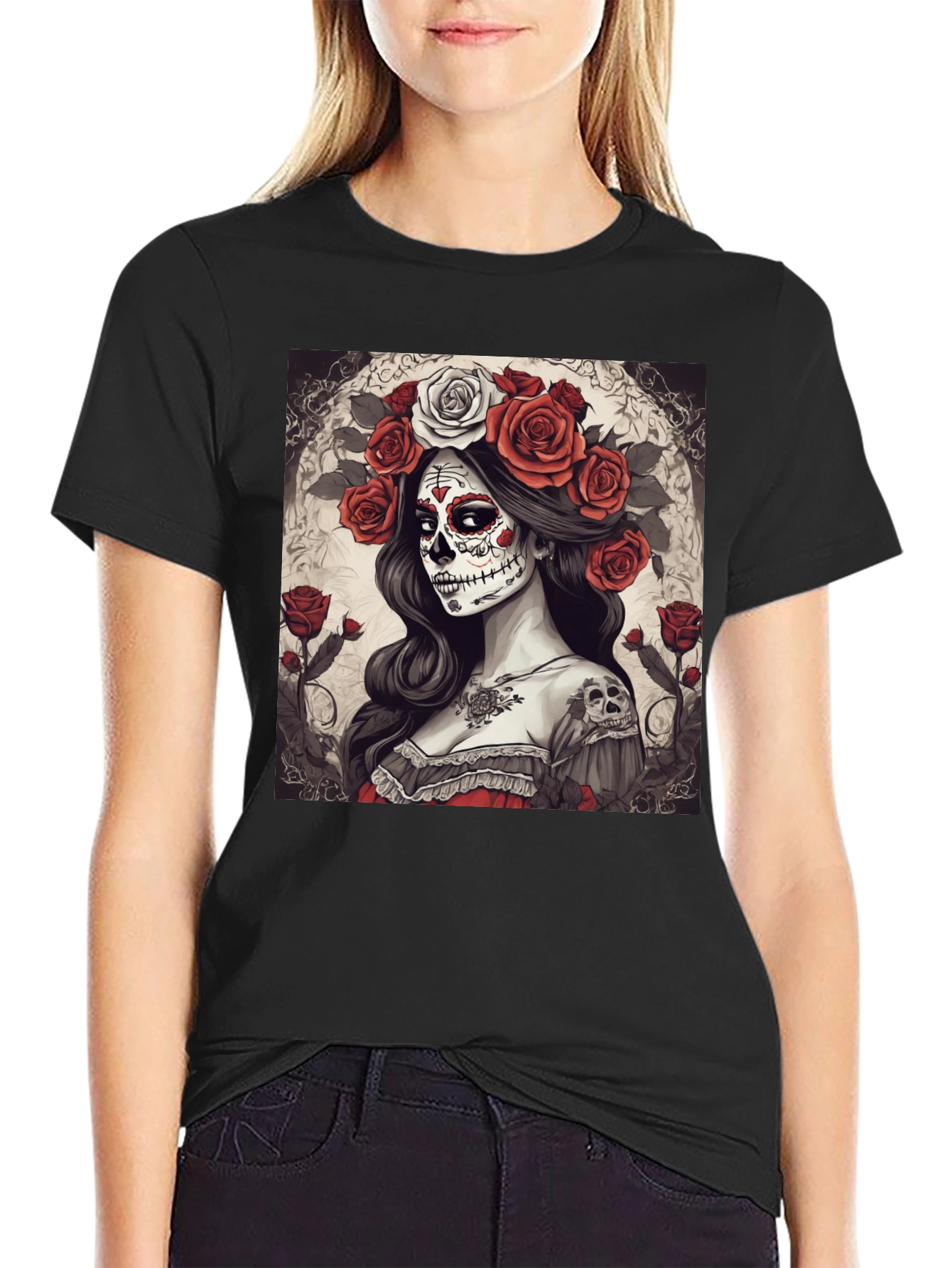 Black Day of the Dead Woman Graphic T-Shirt view 2