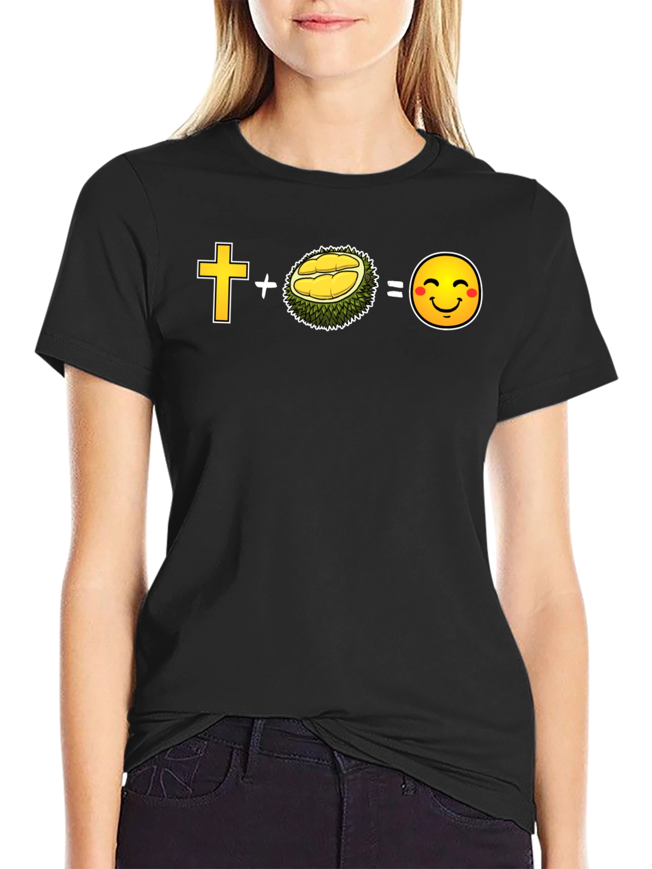 Black Cross Plus Durian Equals Smiley Face Black T-Shirt view 2