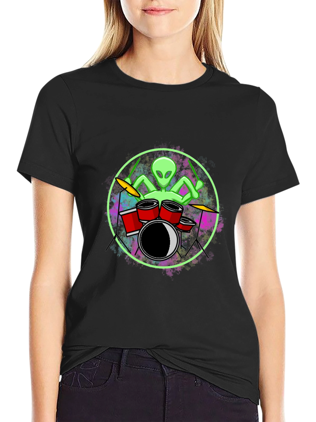 Black Alien Drummer Graphic Tee - Black Cotton T-Shirt view 2