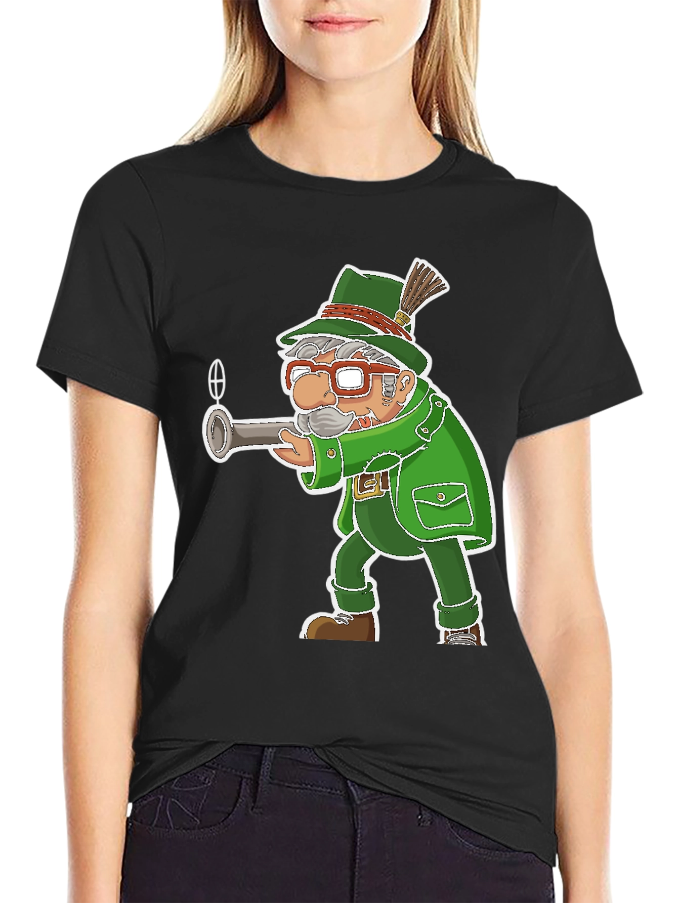 Black Cartoon Hunter T-Shirt - Novelty Graphic Tee view 2