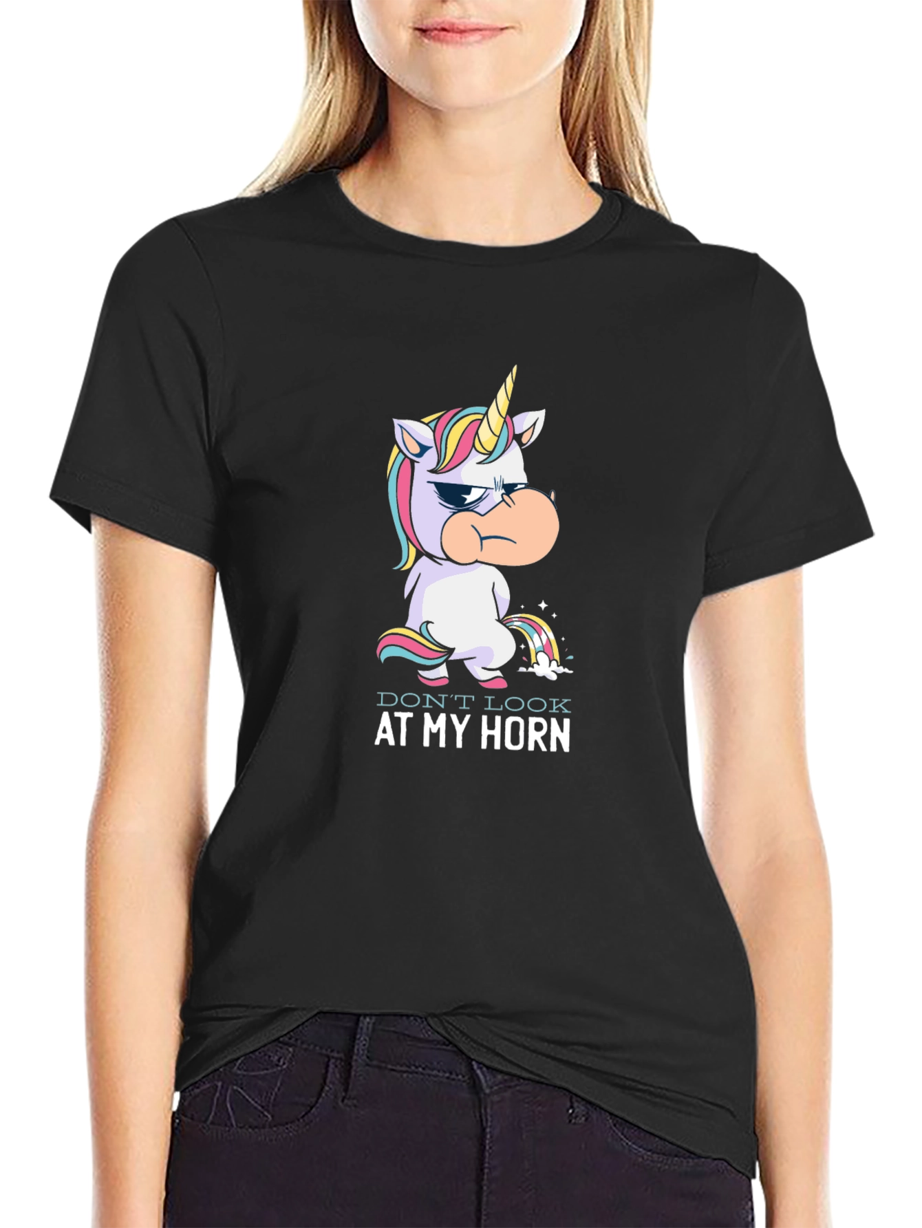 Black Grumpy Unicorn Rainbow Pee T-Shirt view 2