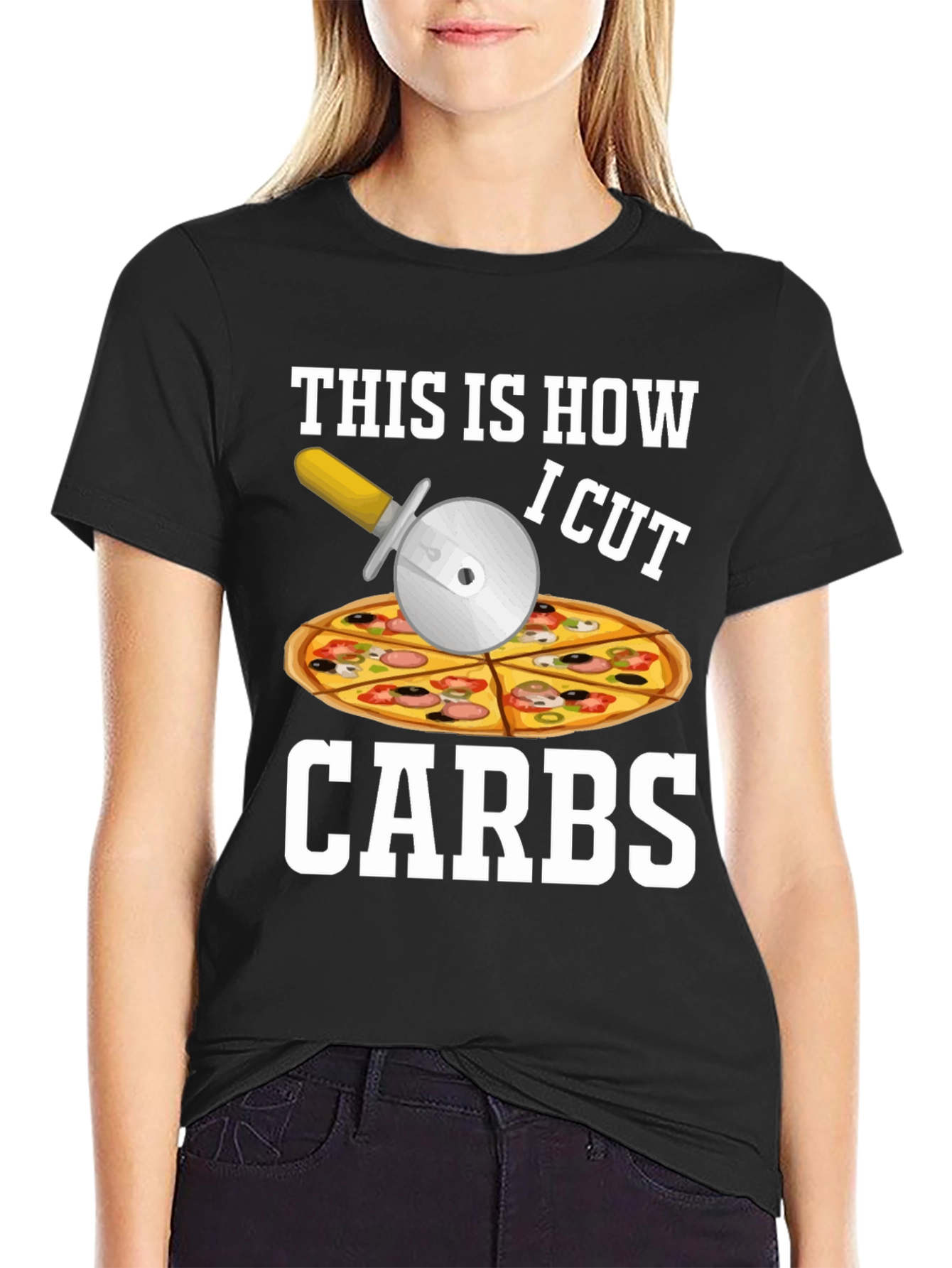 Black Funny Pizza Cutter "Carbs" T-Shirt view 2