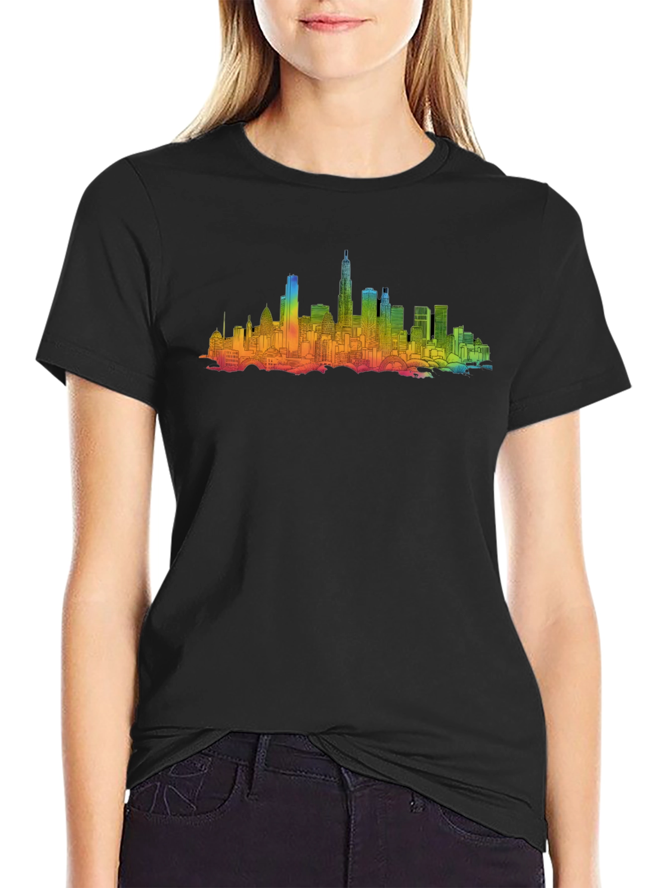 Black Rainbow Cityscape Graphic Tee - Black Cotton Blend view 2