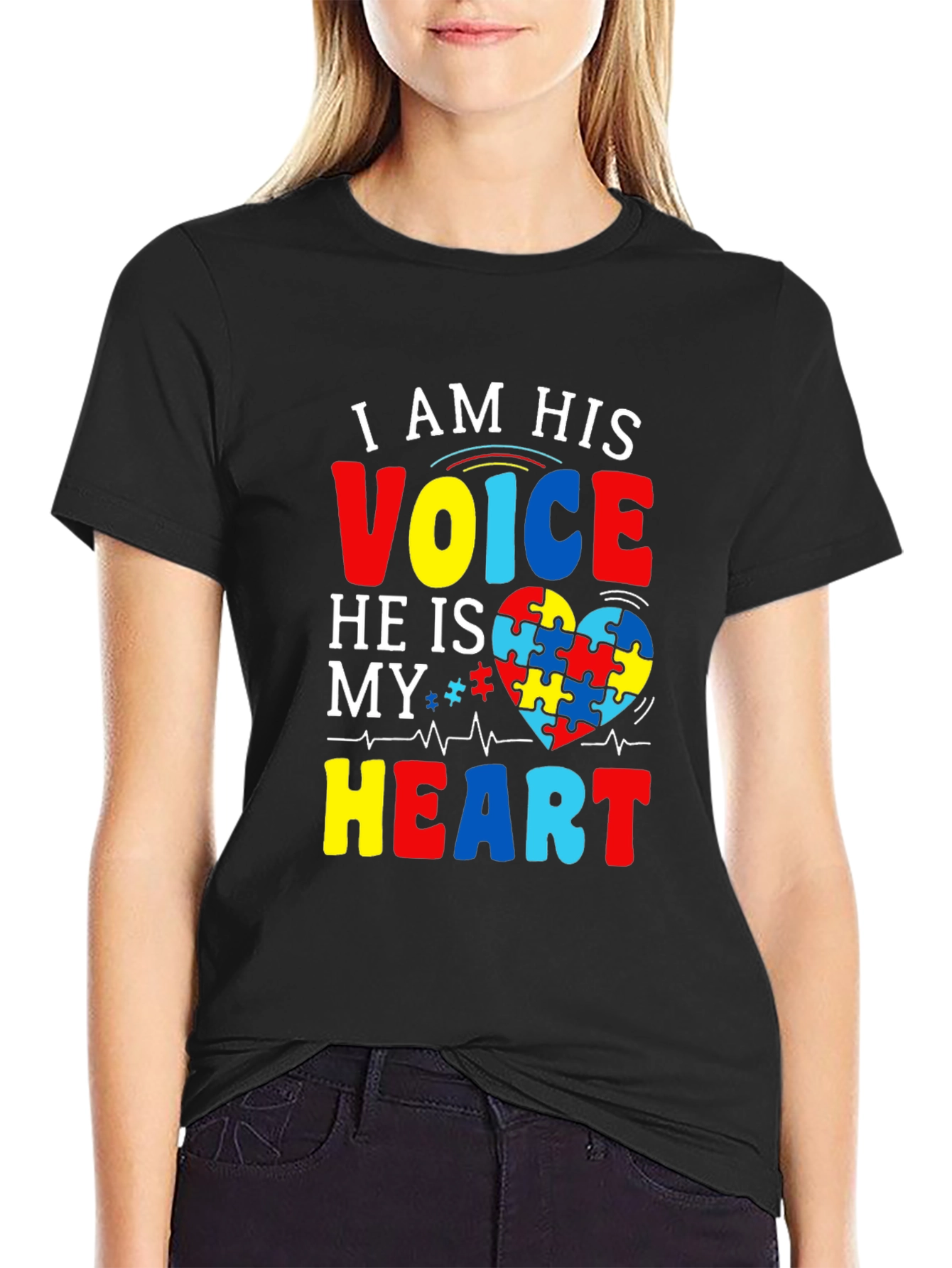 Black Autism Awareness T-Shirt - I am His Voice, He is My Heart view 2