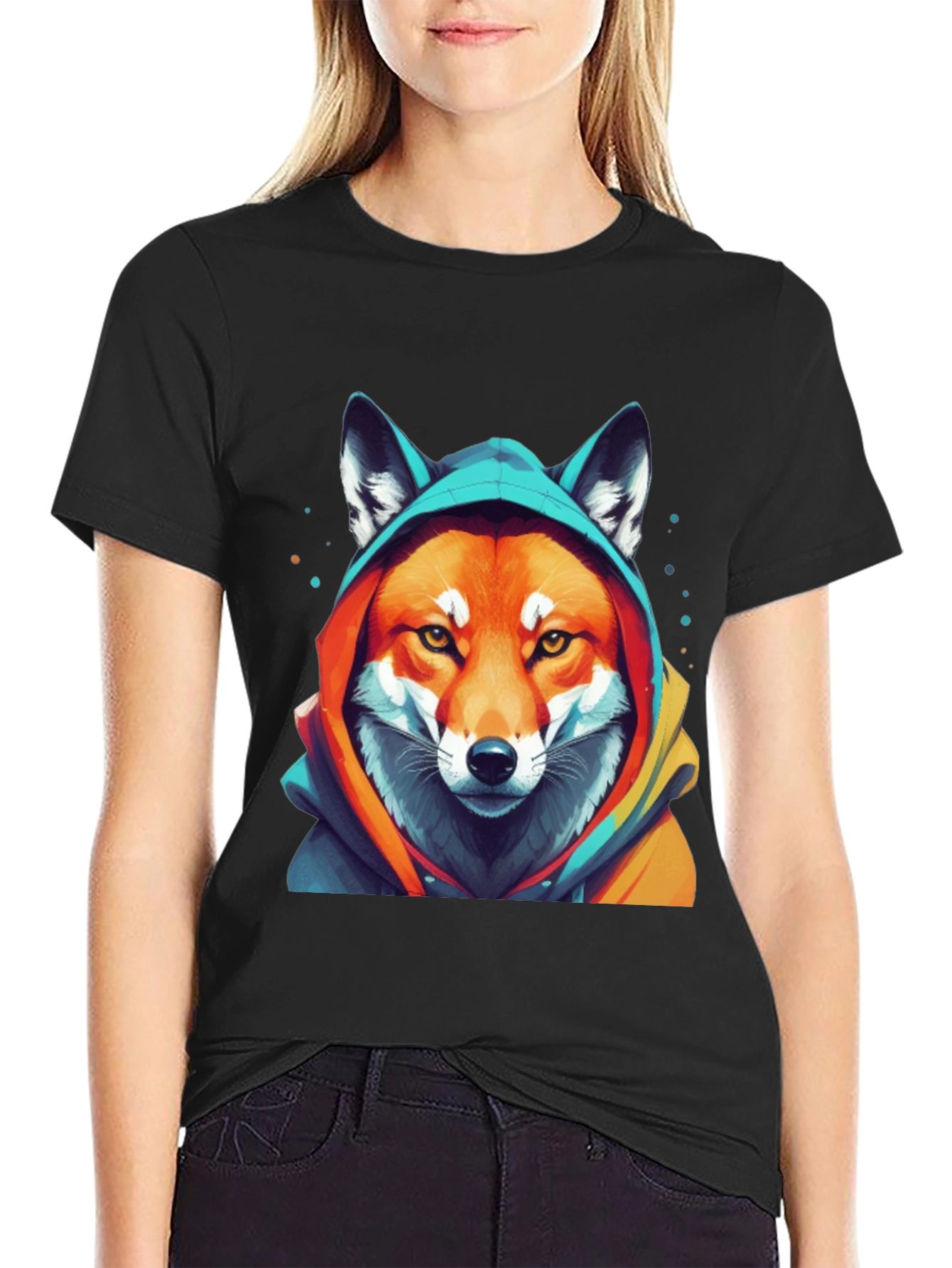Black Fox in Hoodie Graphic T-Shirt view 2