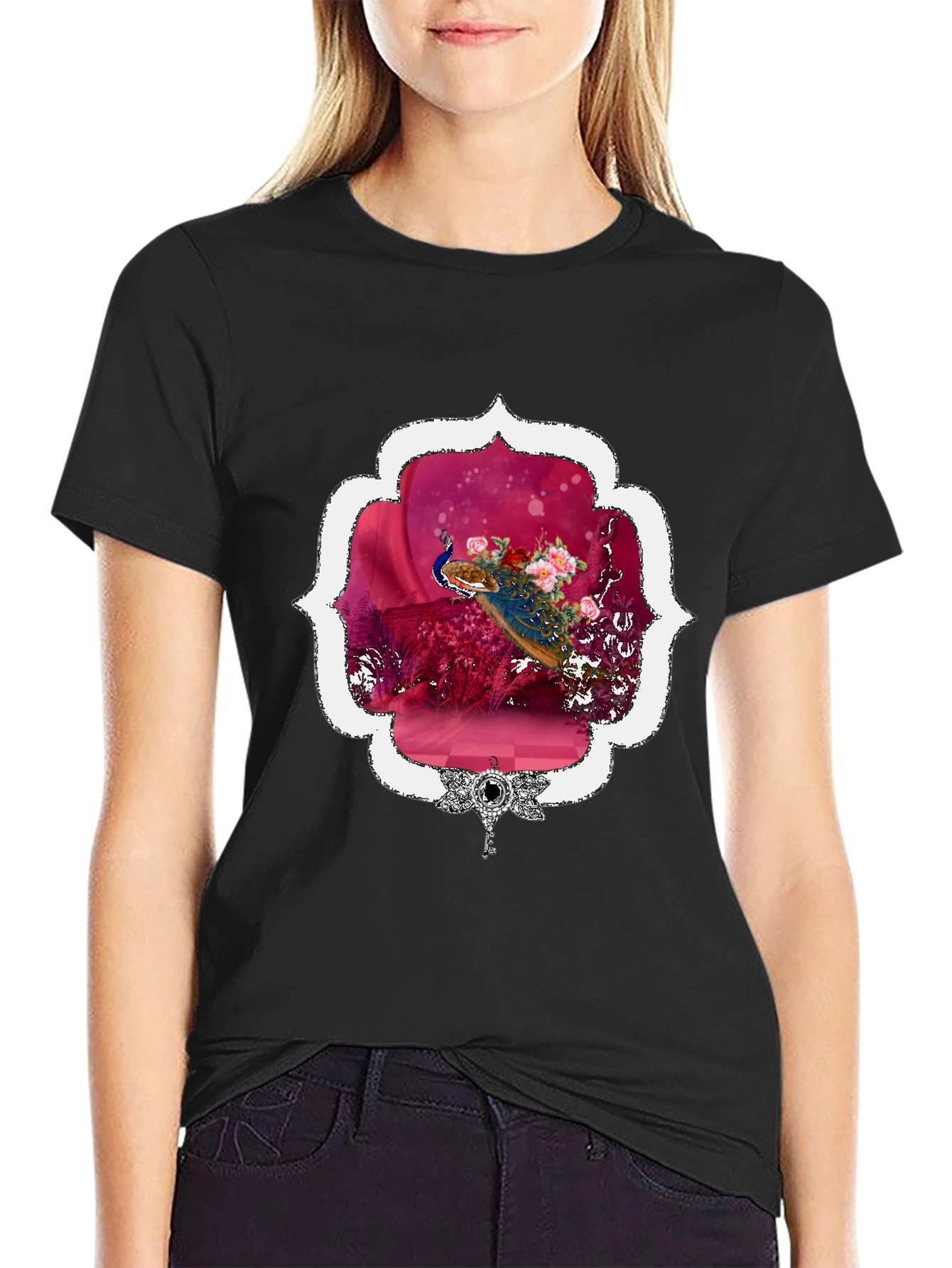 Black Floral Peacock Graphic Tee - Stylish & Unique view 2