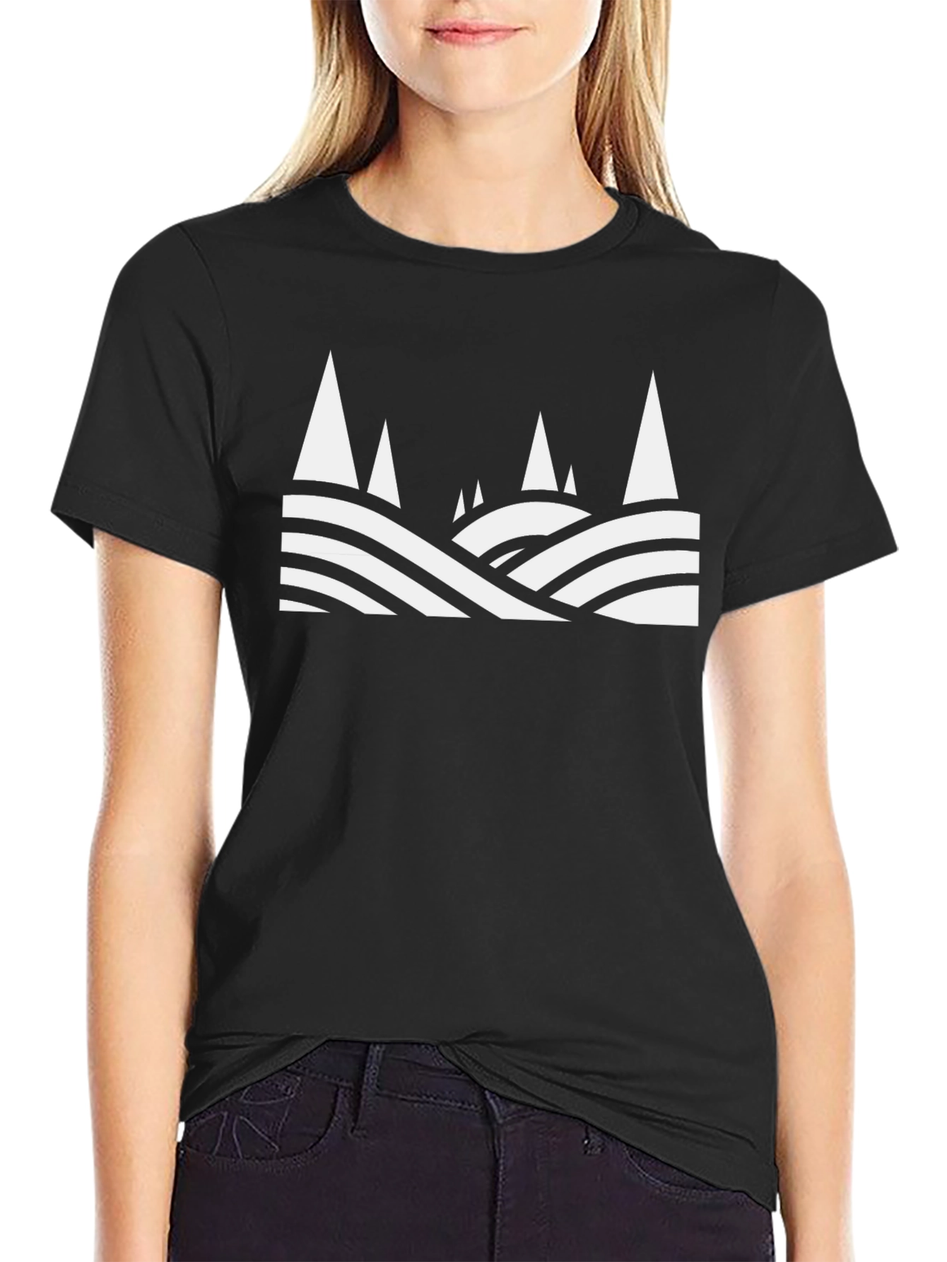 Black Abstract Mountain Scene Graphic Tee - Black Cotton T-Shirt view 2