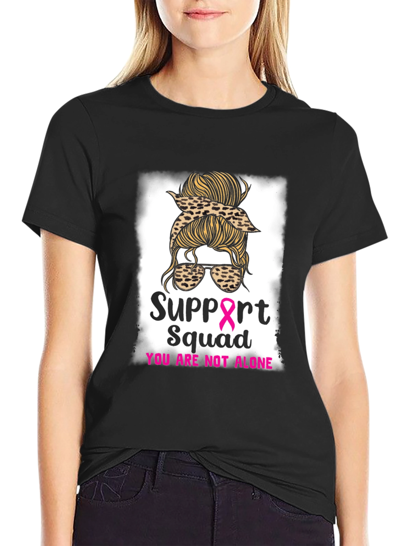 Black Support Squad Messy Bun Breast Cancer Awareness T-Shirt view 2