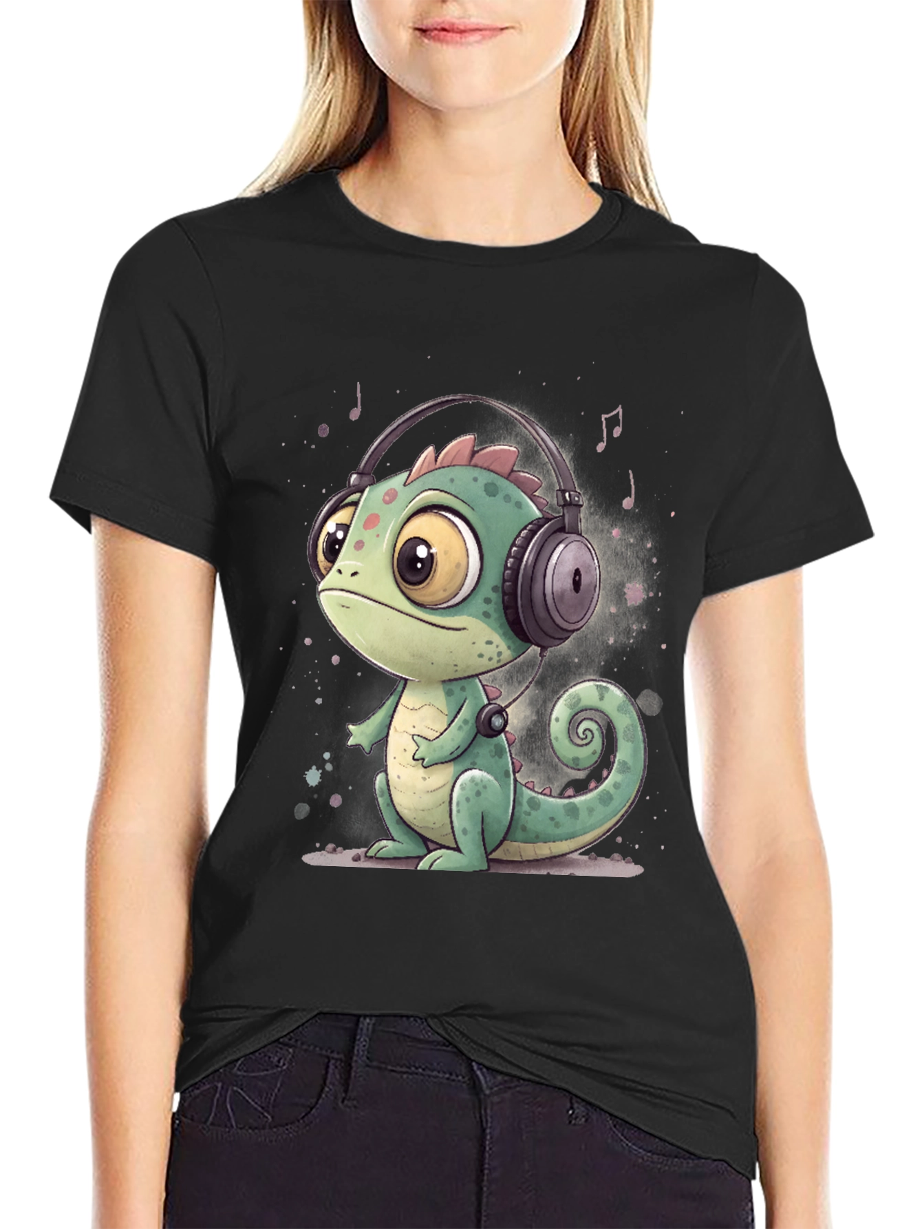 Black Cartoon Chameleon T-Shirt with Headphones view 2