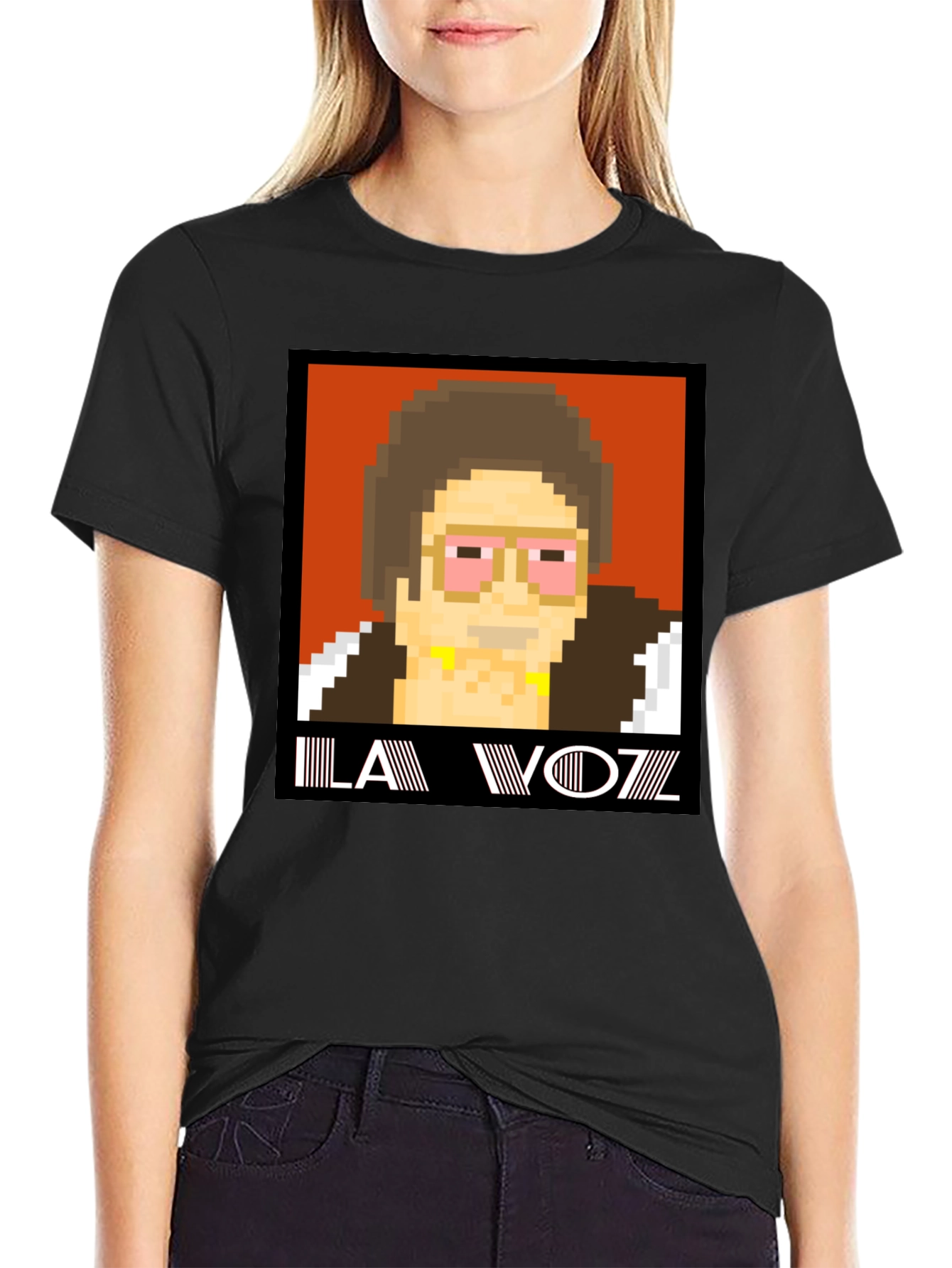 Black Retro Pixel Art T-Shirt: LA VOZZ view 2