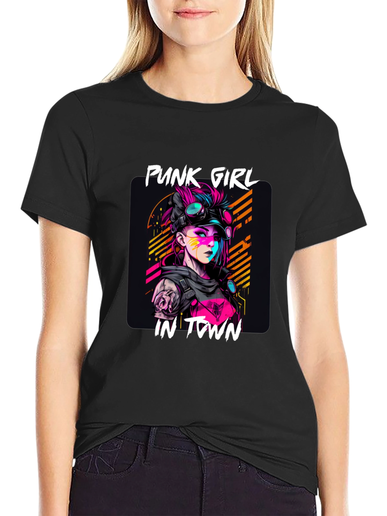 Black Punk Girl in Town Graphic Tee - Stylish Unisex T-Shirt view 2