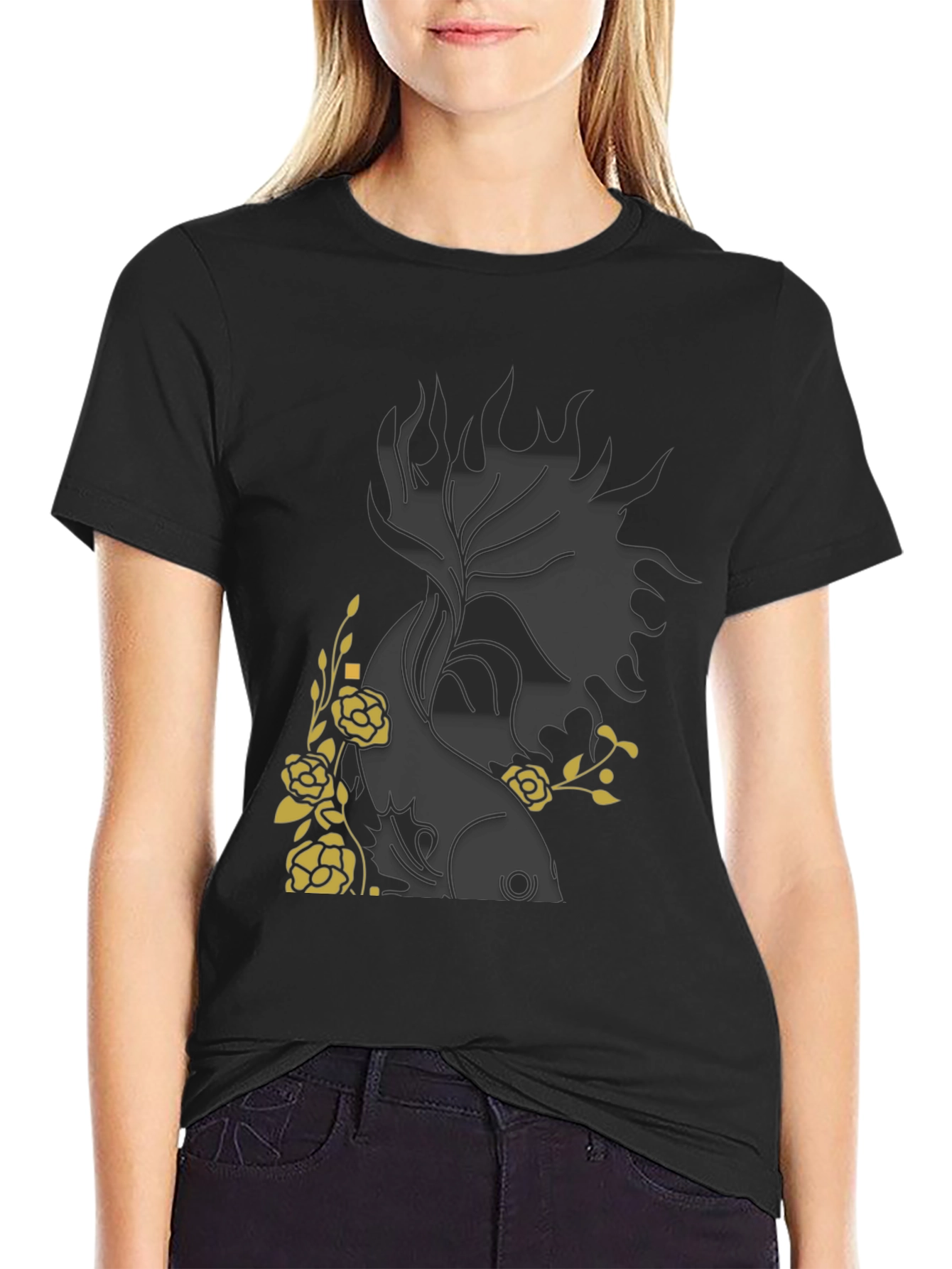 Black Floral Fish Graphic Black T-Shirt view 2