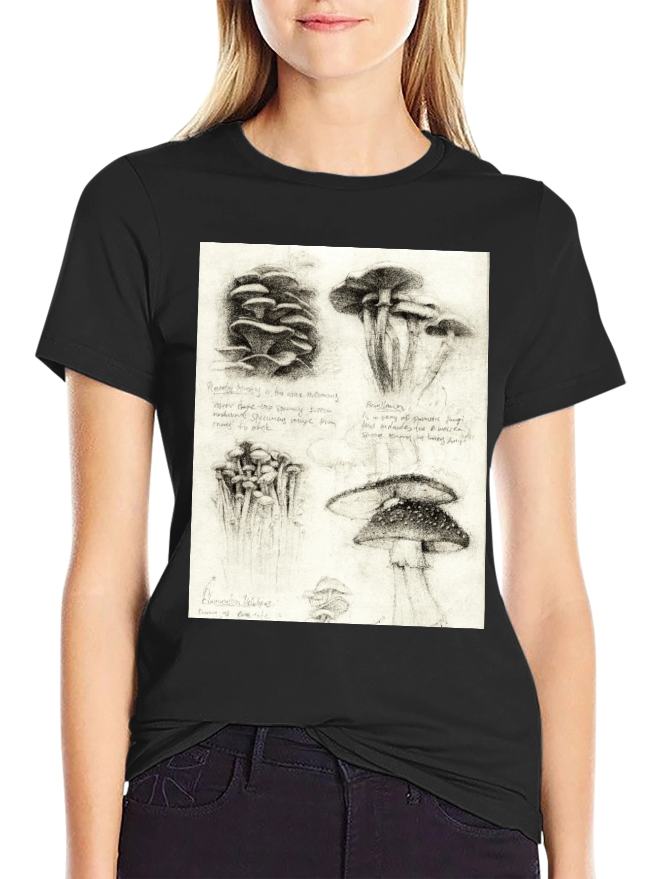 Black Mushroom Sketch Art T-Shirt - Nature Inspired Tee view 2