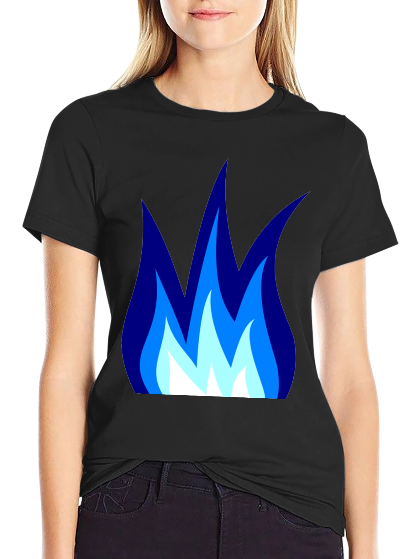 Black Blue Flame Graphic Black T-Shirt - Cool Casual Tee view 2
