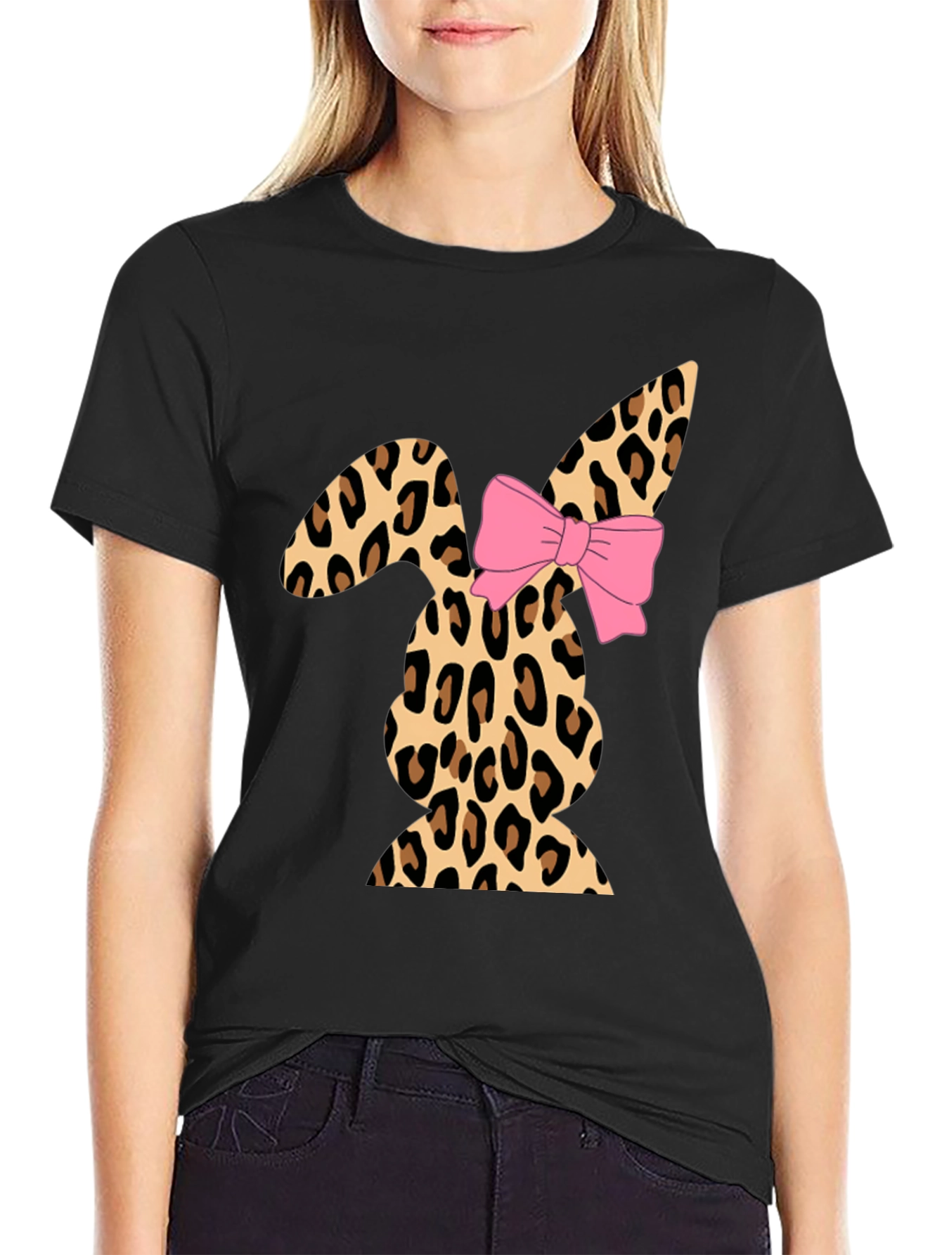 Black Leopard Print Easter Bunny T-Shirt with Bow view 2