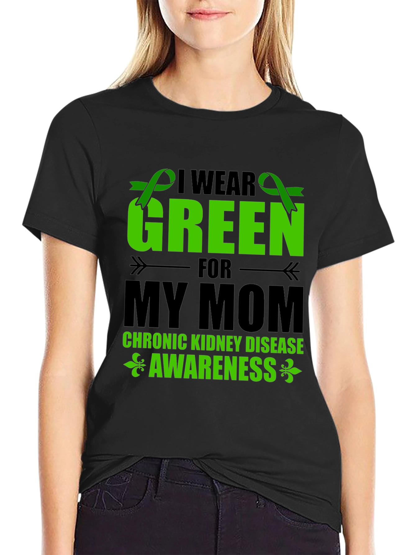 Black I Wear Green For My Mom Kidney Disease Awareness T-Shirt view 2