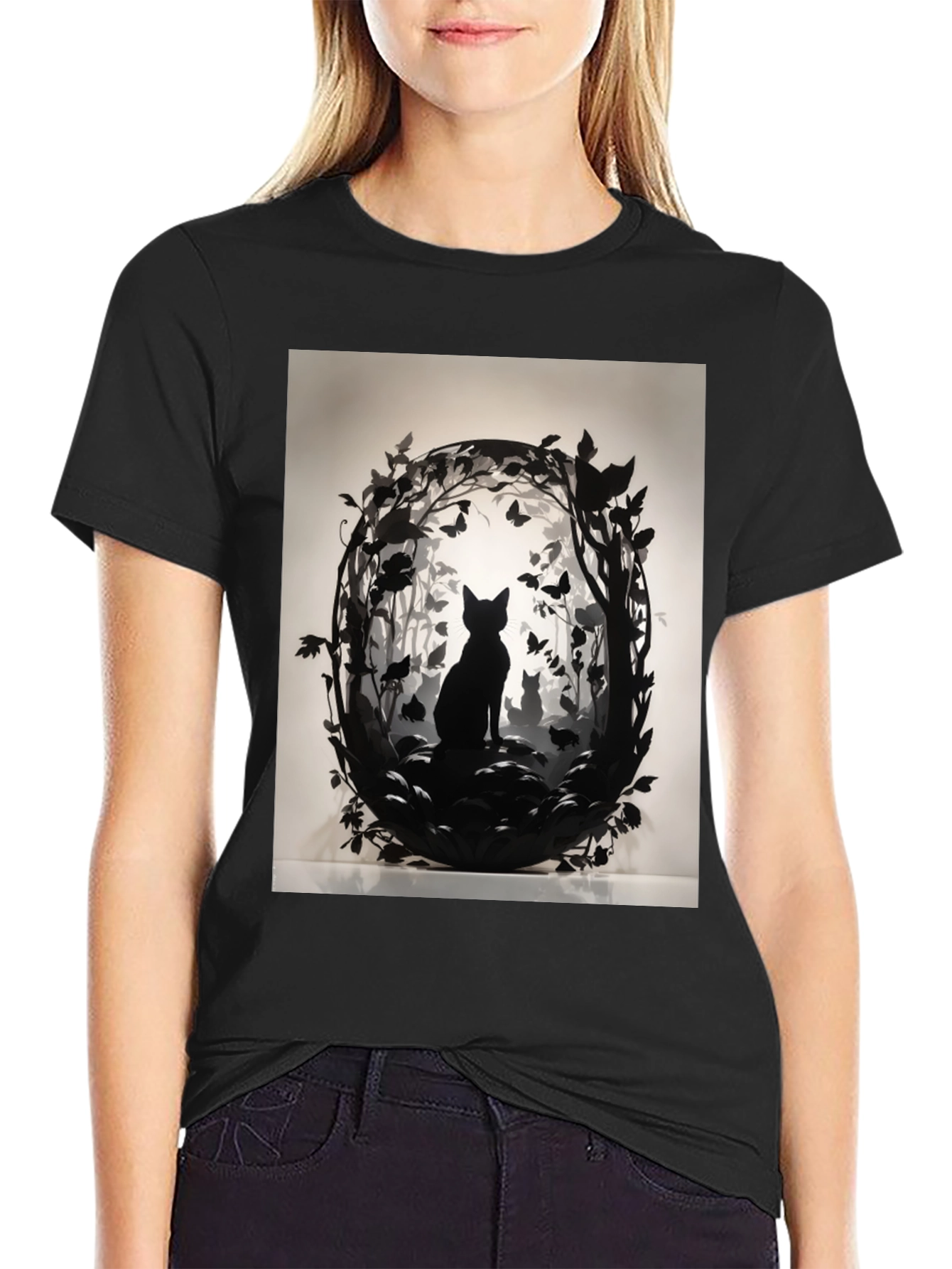 Black Artistic Cat Silhouette Graphic Tee view 2